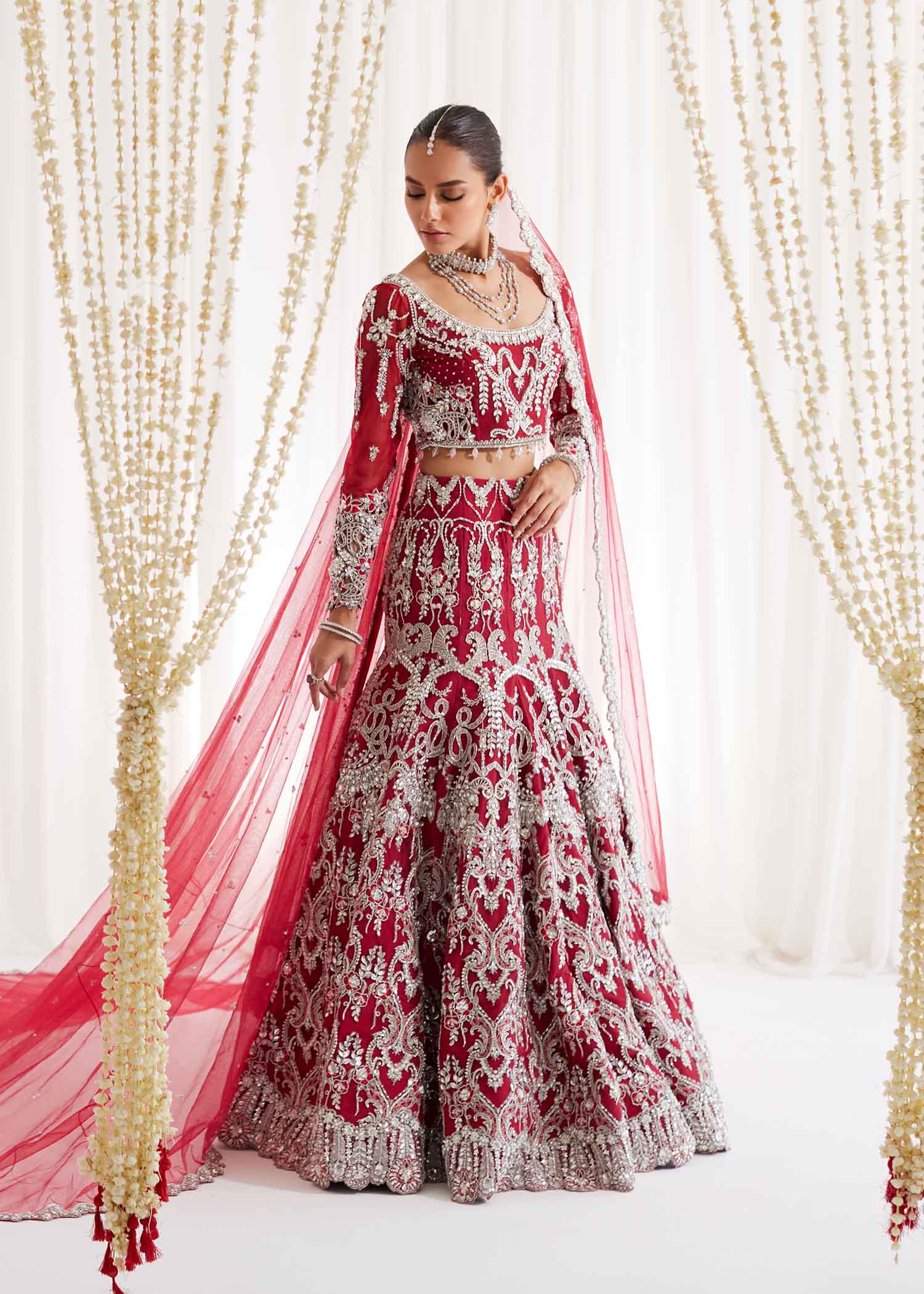 Pakistani Red Embellished Net Bridal Lehenga (3-Piece) - Image 6