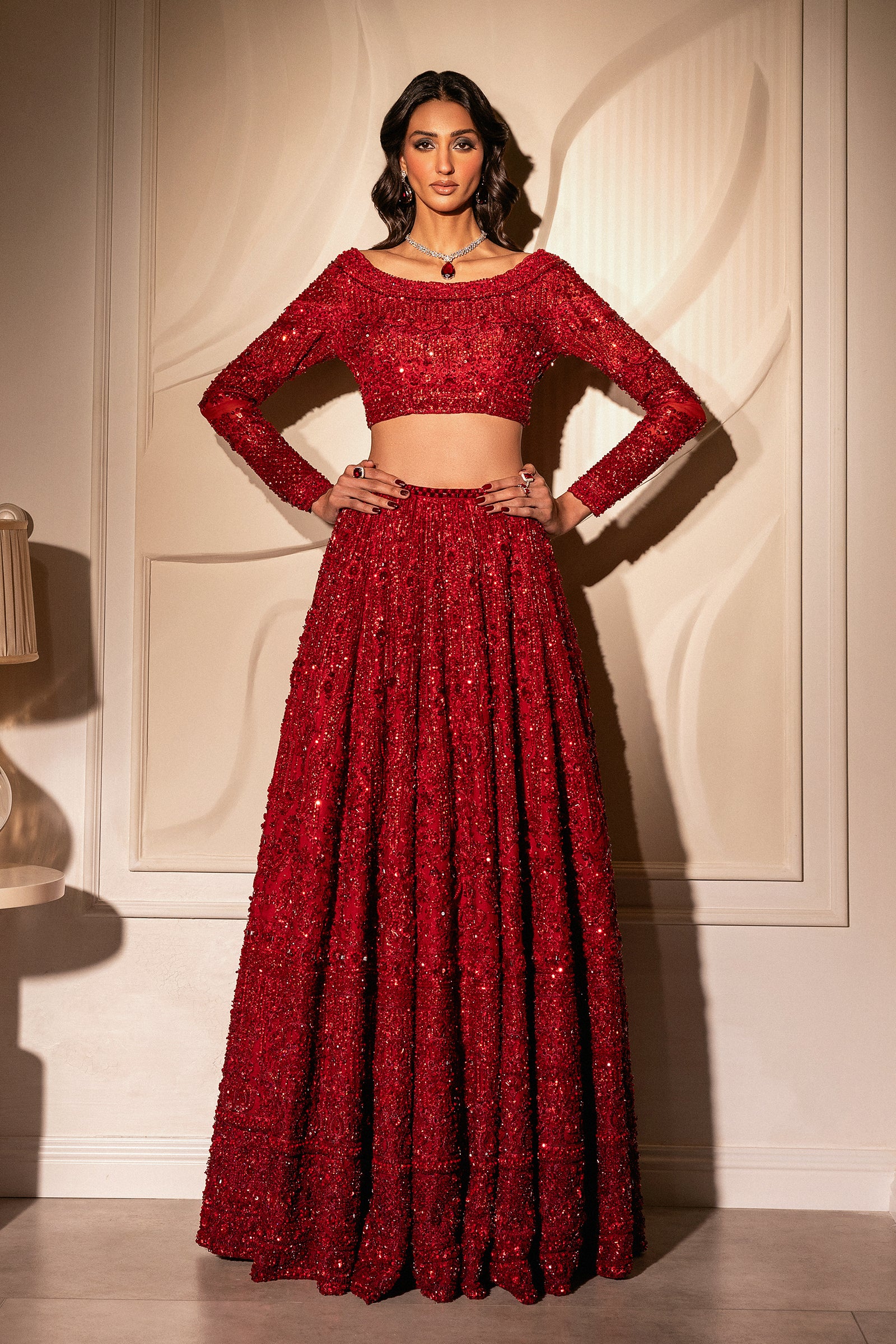 Pakistani Deep Red Hand-Embellished Net Lehenga Choli (3-Piece) - Image 3