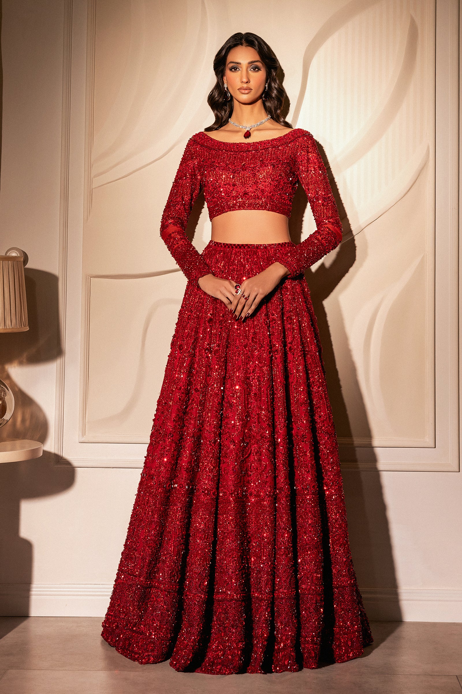 Pakistani Deep Red Hand-Embellished Net Lehenga Choli (3-Piece) - Image 4