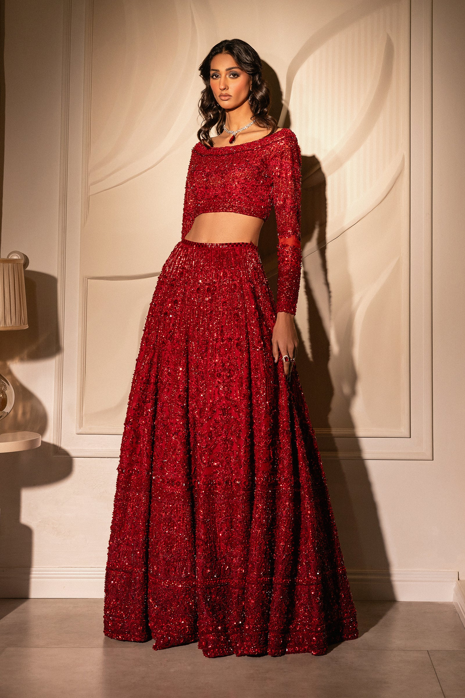 Pakistani Deep Red Hand-Embellished Net Lehenga Choli (3-Piece) - Image 5