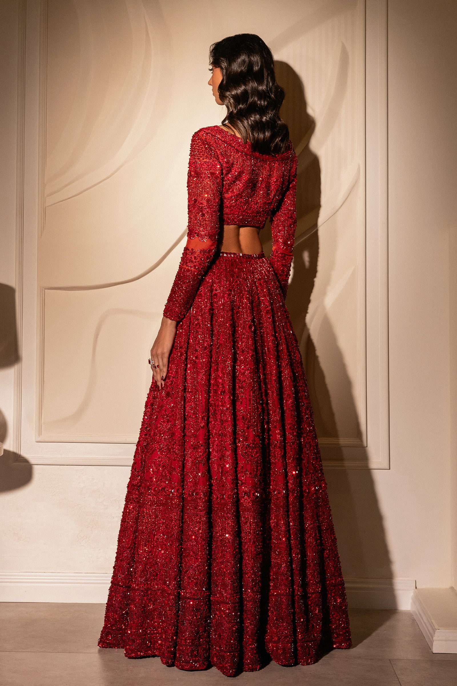 Pakistani Deep Red Hand-Embellished Net Lehenga Choli (3-Piece) - Image 6