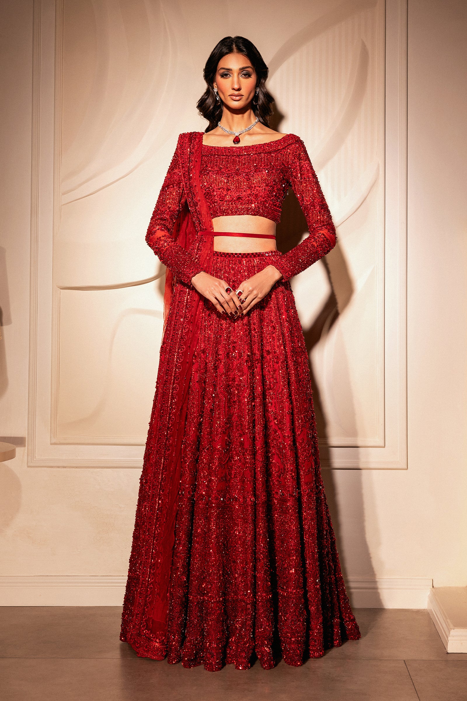 Pakistani Deep Red Hand-Embellished Net Lehenga Choli (3-Piece) - Image 9