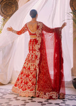 Pakistani Red Swarovski Embellished Net Mermaid Lehenga (3-Piece) - Image 4
