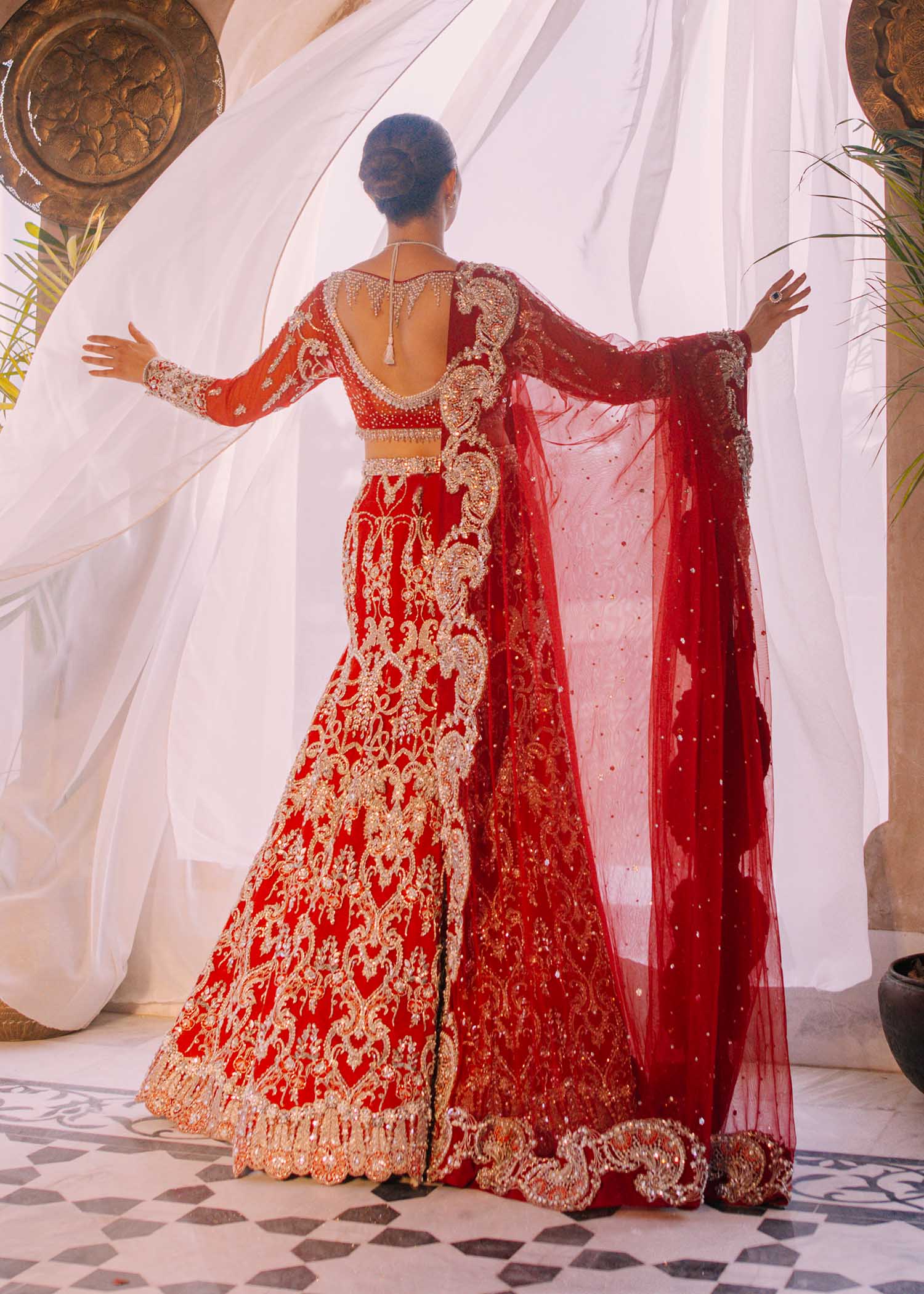 Pakistani Red Swarovski Embellished Net Mermaid Lehnga (3-Piece) - Image 4