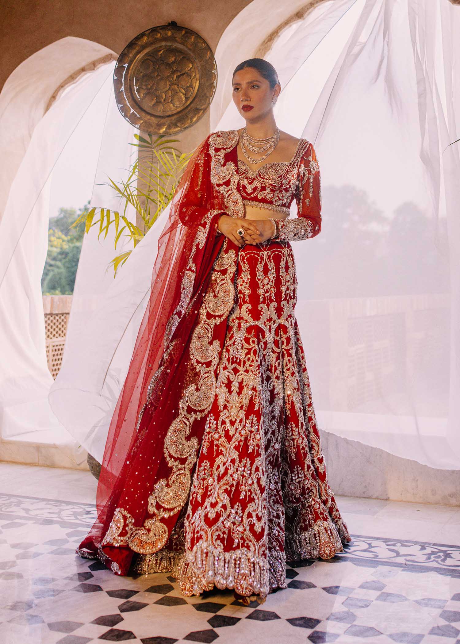 Pakistani Red Swarovski Embellished Net Mermaid Lehnga (3-Piece) - Image 6