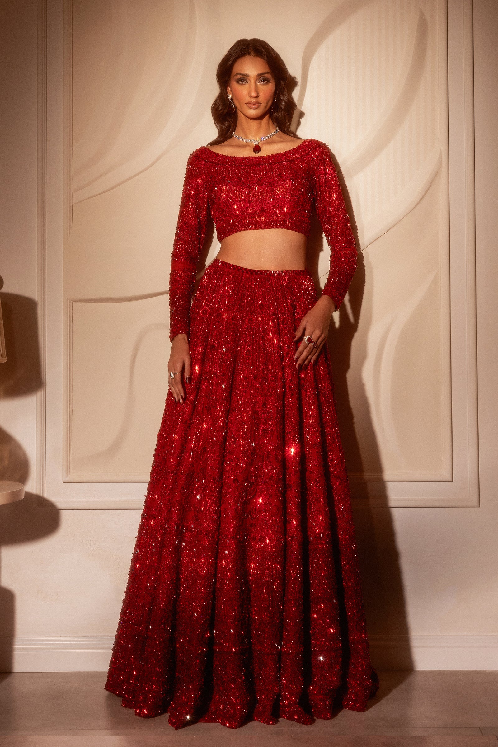 Pakistani Deep Red Hand-Embellished Net Lehenga Choli (4-Piece) - Image 1