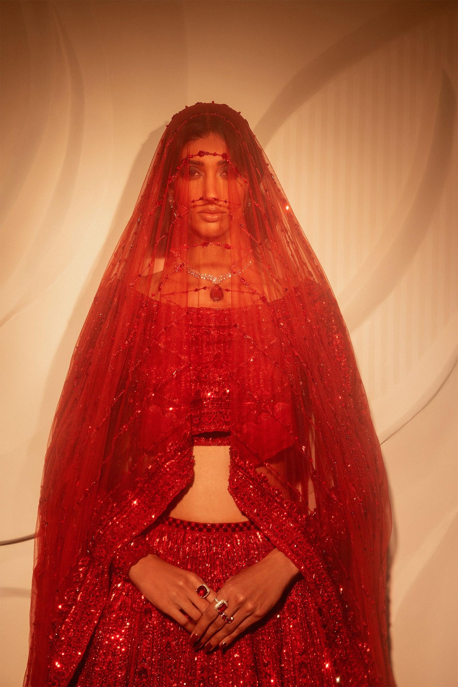 Pakistani Deep Red Hand-Embellished Net Lehenga Choli (4-Piece) - Image 10