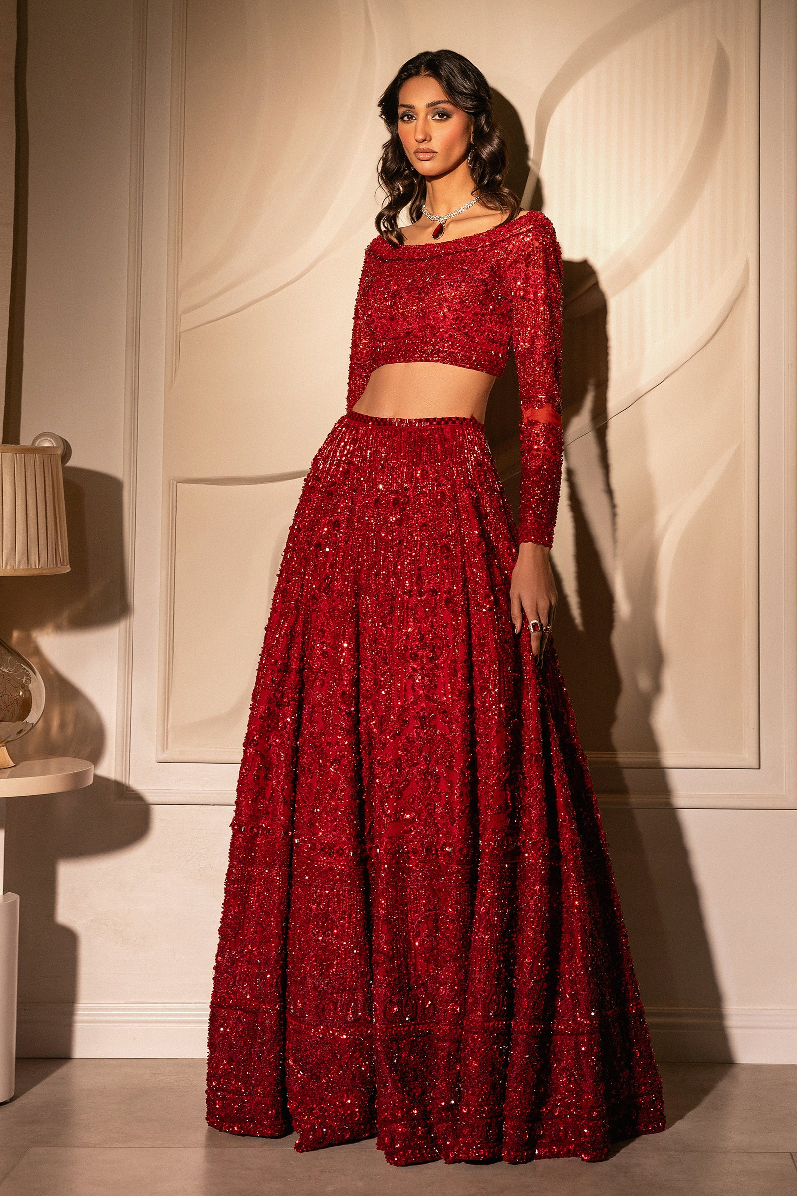 Pakistani Deep Red Hand-Embellished Net Lehenga Choli (4-Piece) - Image 11