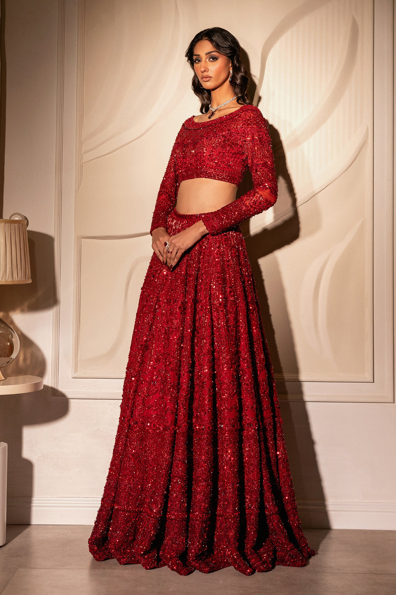 Pakistani Deep Red Hand-Embellished Net Lehenga Choli (4-Piece) - Image 12