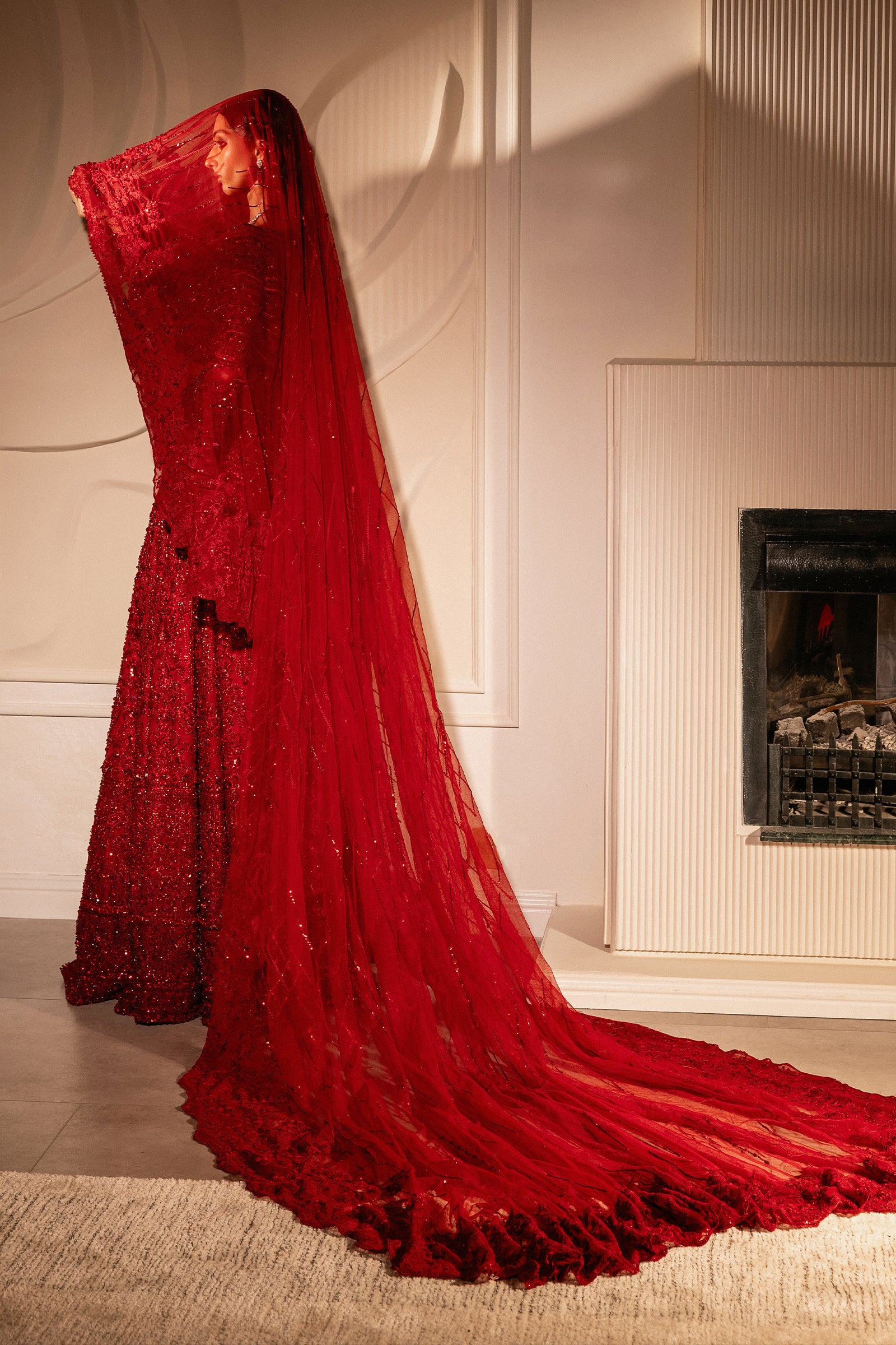 Pakistani Deep Red Hand-Embellished Net Lehenga Choli (4-Piece) - Image 7