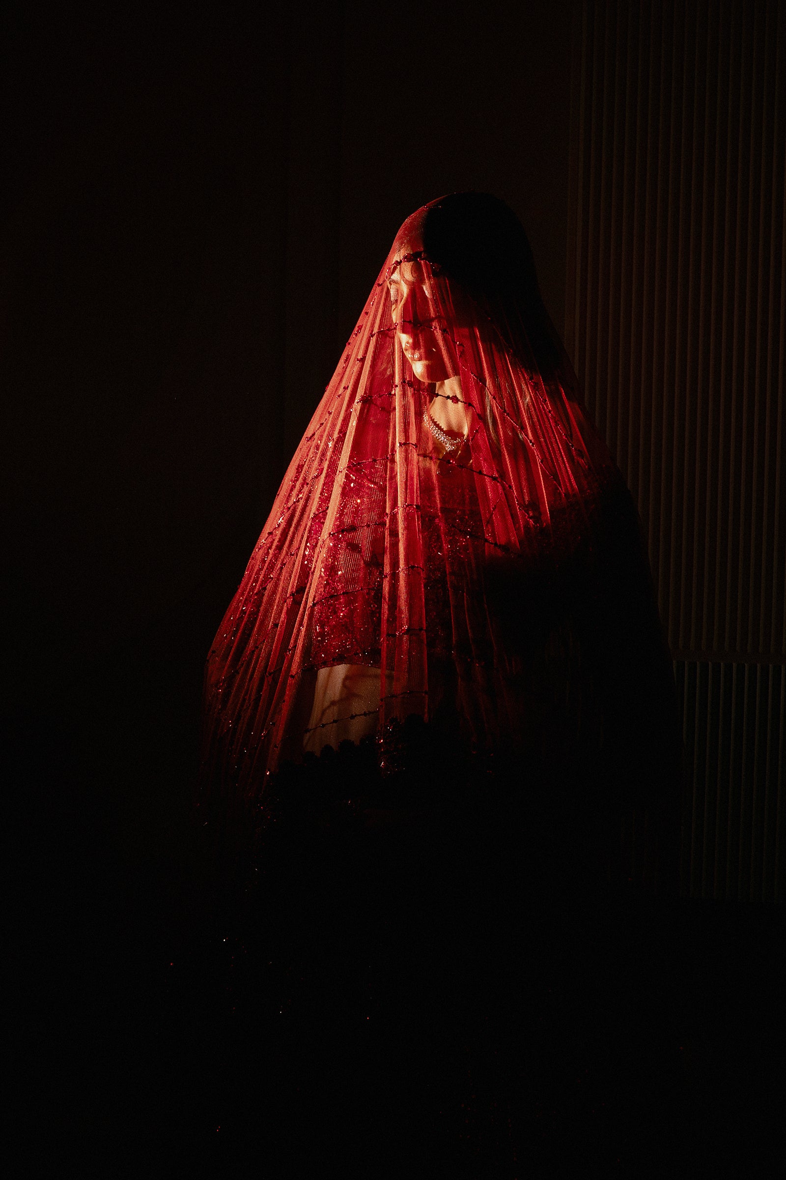 Pakistani Deep Red Hand-Embellished Net Lehenga Choli (4-Piece) - Image 8