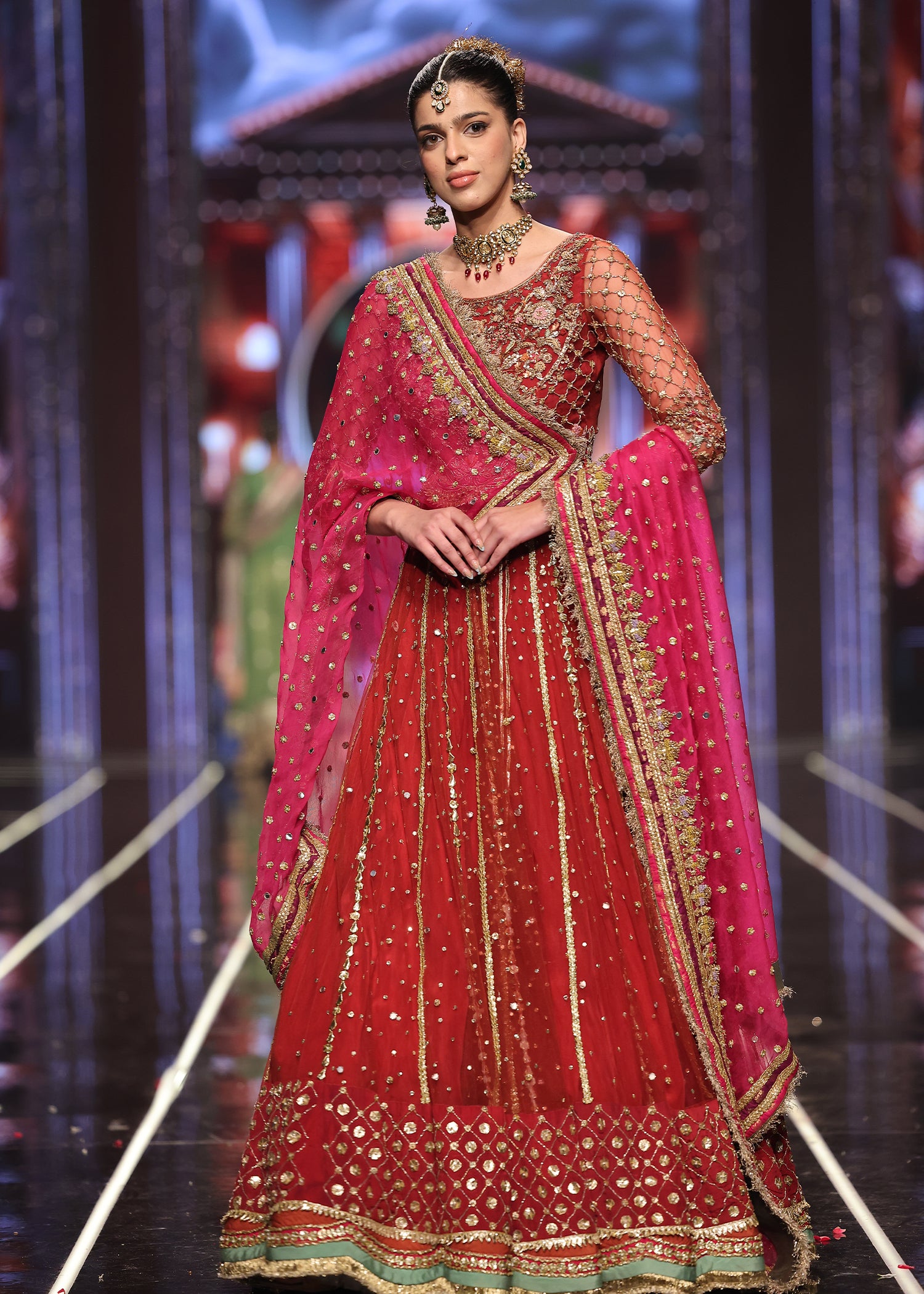 Pakistani Red Embroidered Net Lehenga Choli (3-Piece) - Image 1