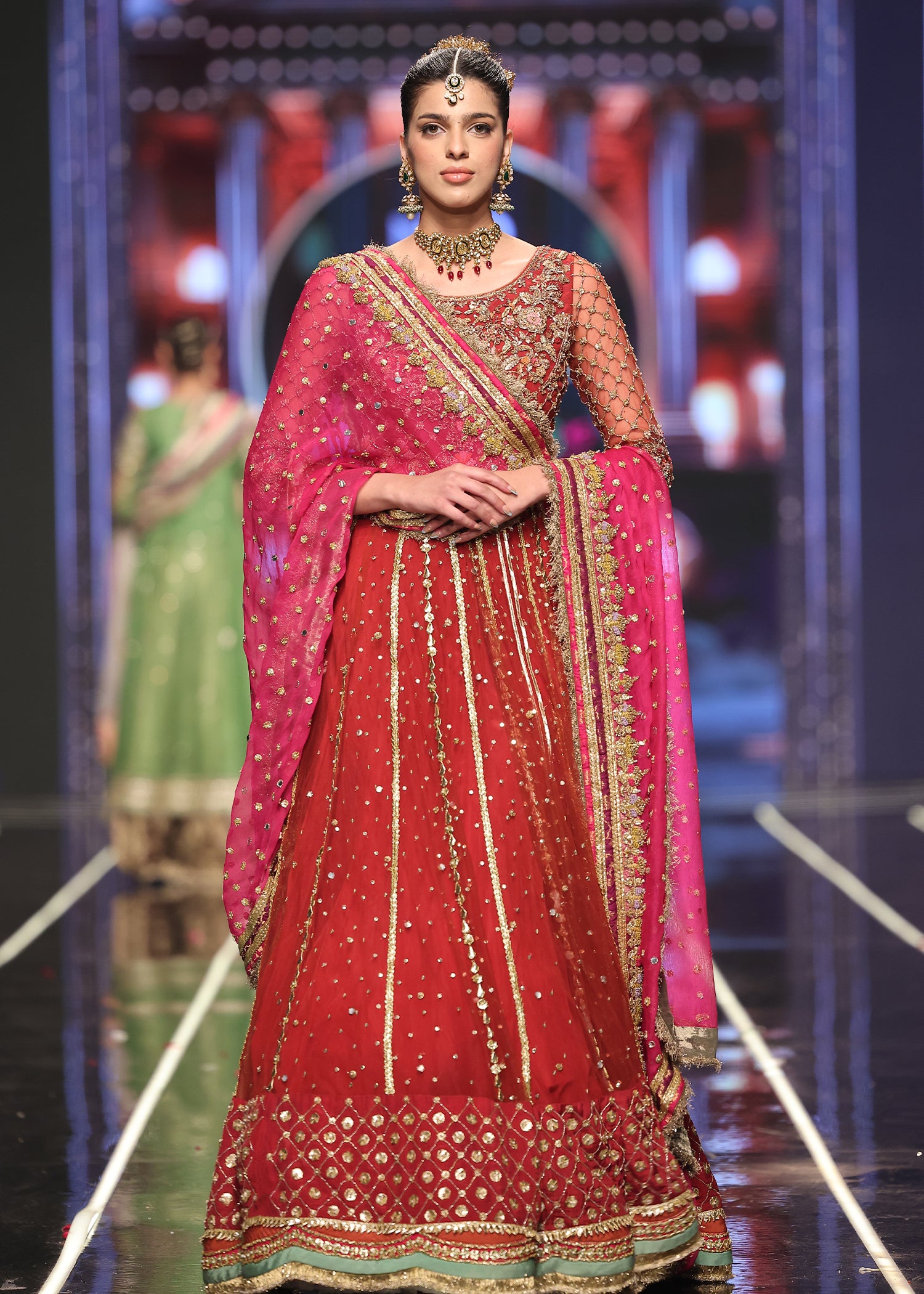 Pakistani Red Embroidered Net Lehenga Choli (3-Piece) - Image 2