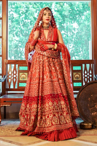 Pakistani Red Multicolour Embroidered Net Chiffon Bridal Lehenga (3-Piece) - Image 2