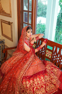 Pakistani Red Multicolour Embroidered Net Chiffon Bridal Lehenga (3-Piece) - Image 5
