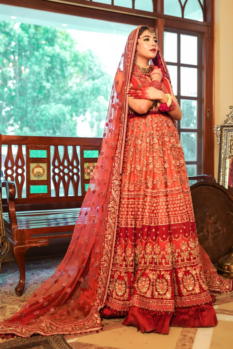 Pakistani Red Multicolour Embroidered Net Chiffon Bridal Lehenga (3-Piece) - Image 6