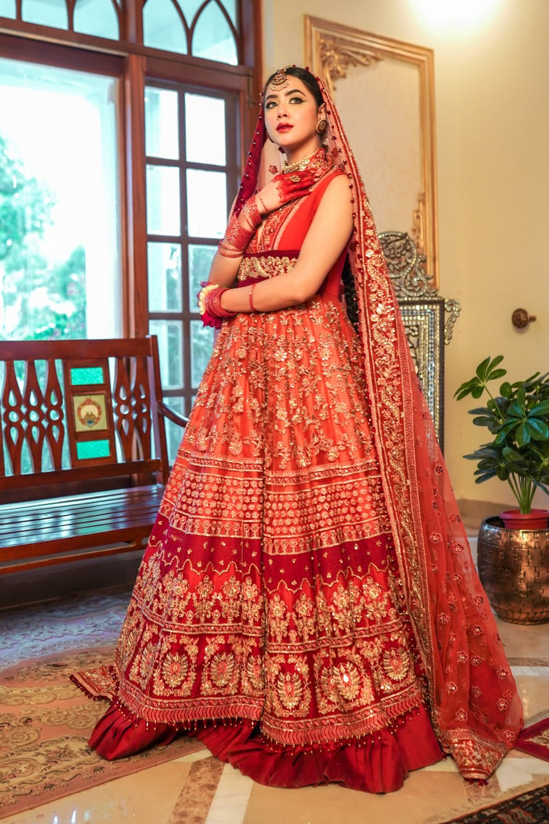 Pakistani Red Multicolour Embroidered Net Chiffon Bridal Lehenga (3-Piece) - Image 7