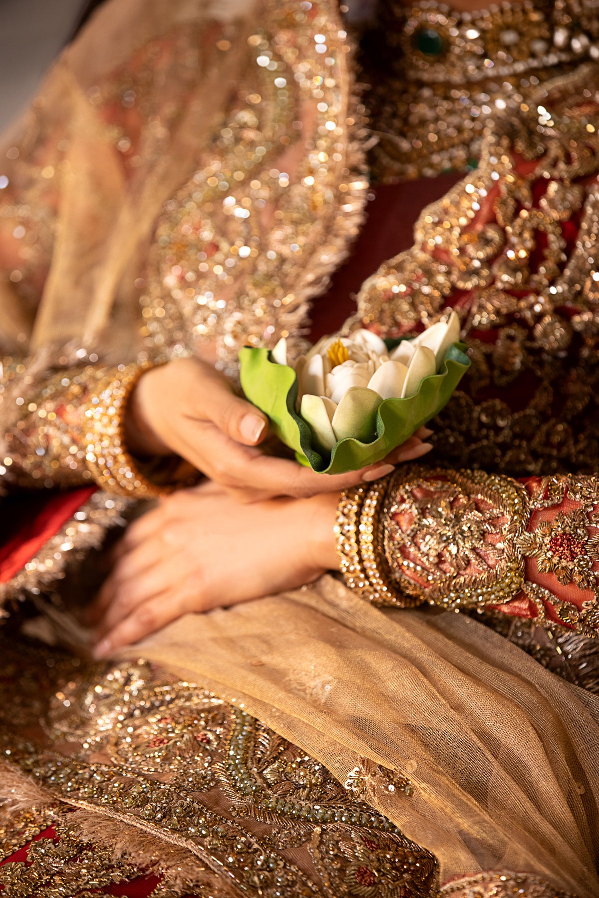 Deep Red Embroidered Net & Tissue Bridal Lehenga (3-Piece) - Image 11