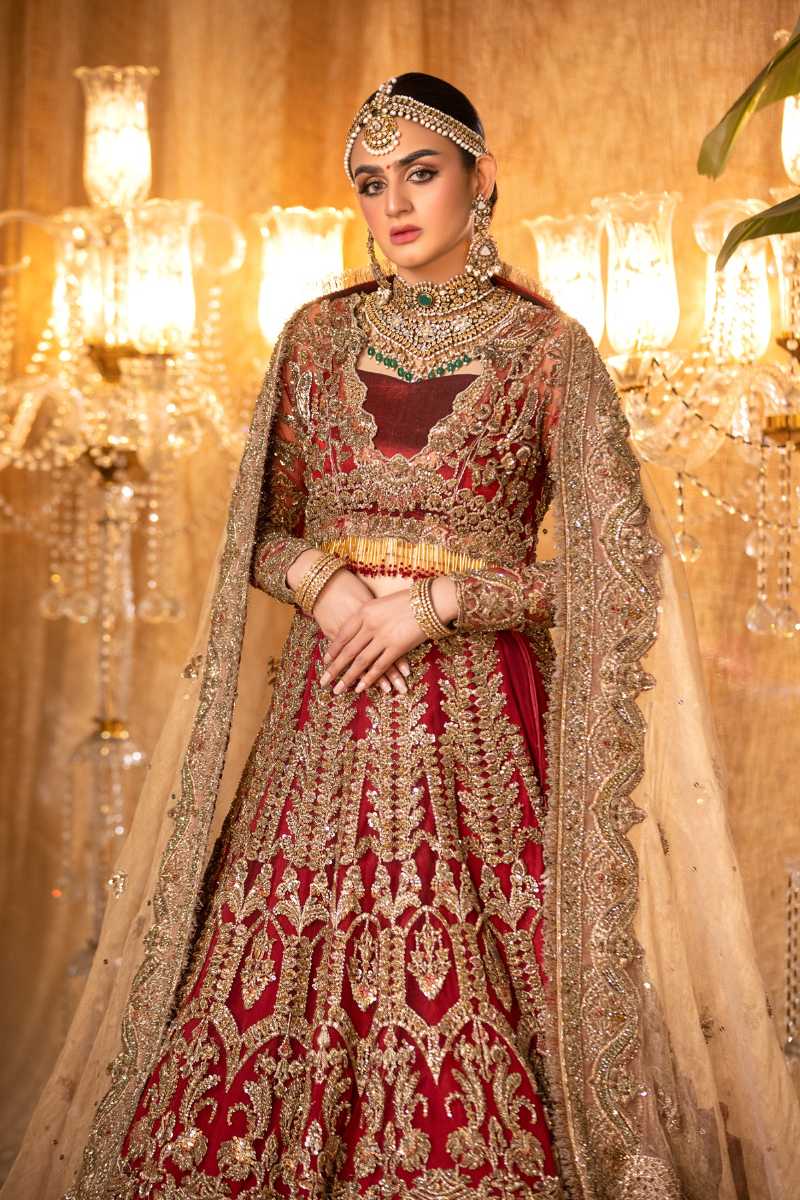 Deep Red Embroidered Net & Tissue Bridal Lehenga (3-Piece) - Image 2