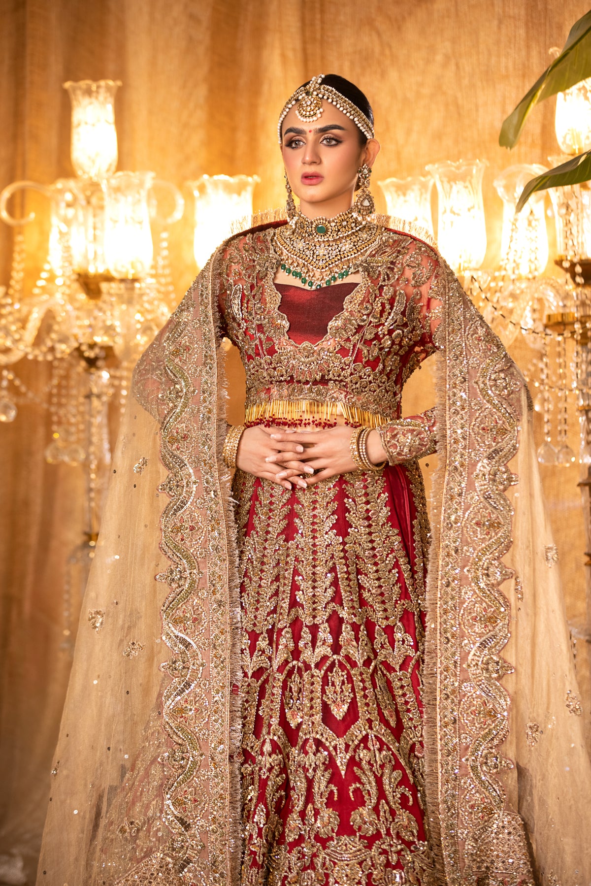 Deep Red Embroidered Net & Tissue Bridal Lehenga (3-Piece) - Image 3