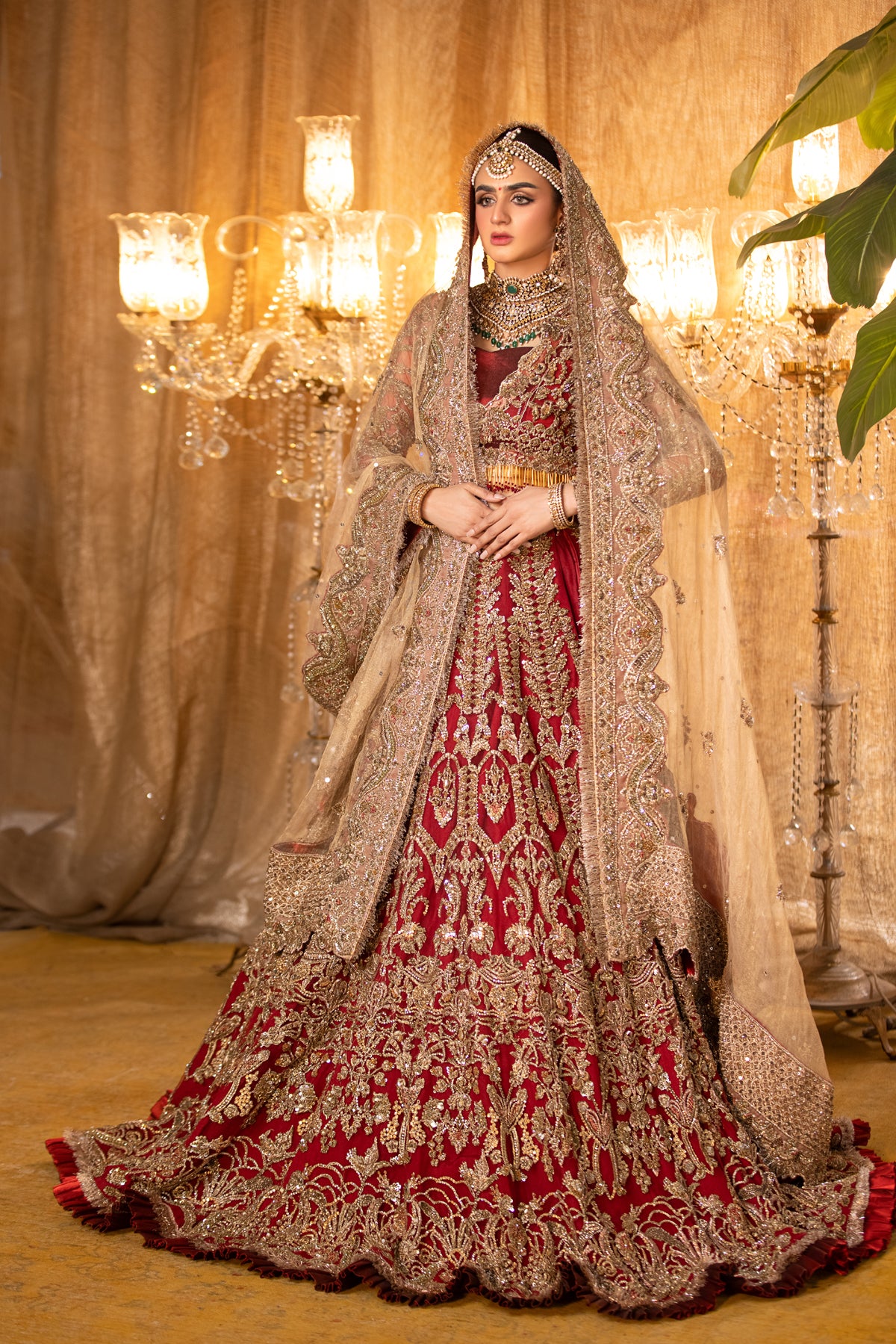 Deep Red Embroidered Net & Tissue Bridal Lehenga (3-Piece) - Image 4