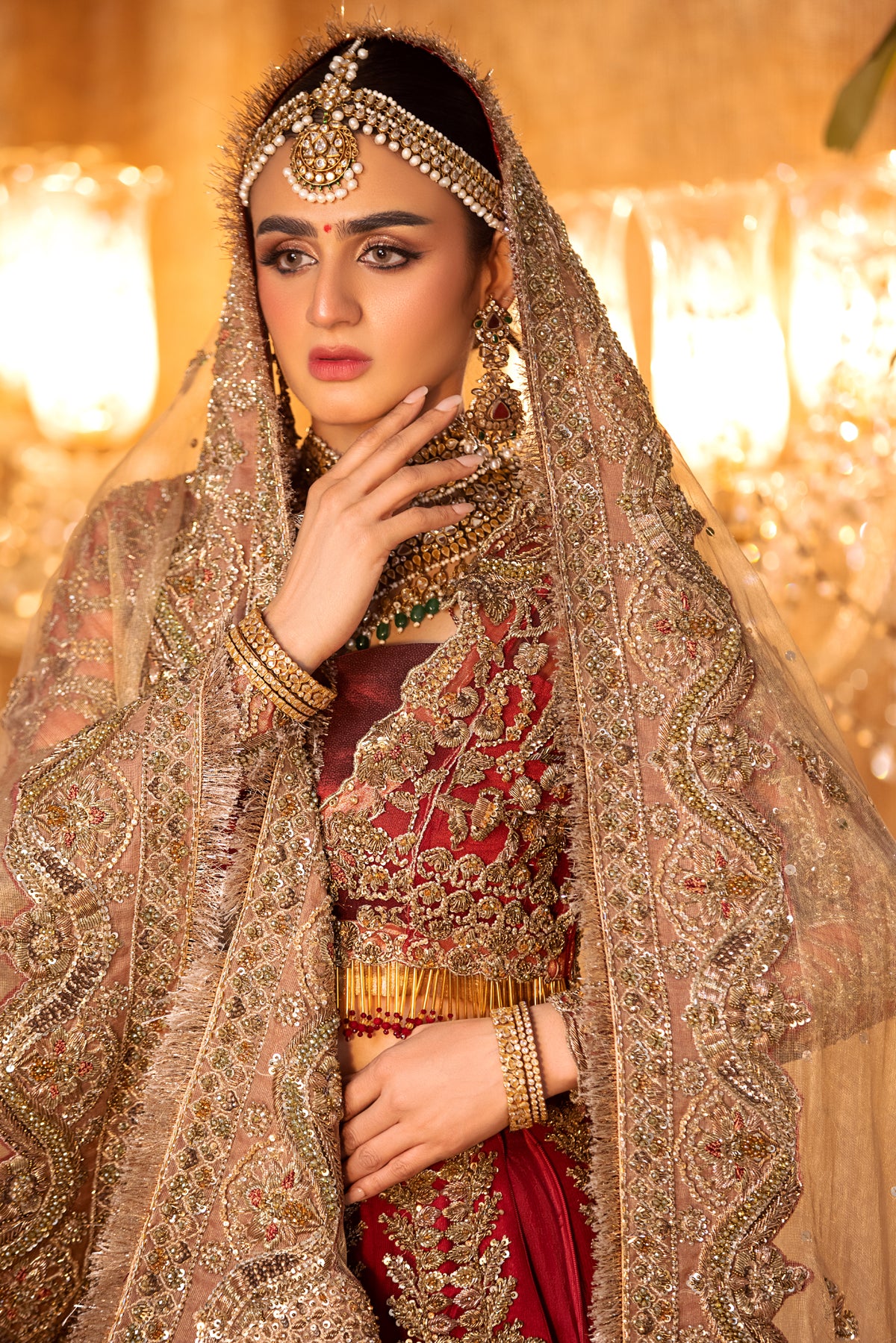 Deep Red Embroidered Net & Tissue Bridal Lehenga (3-Piece) - Image 5