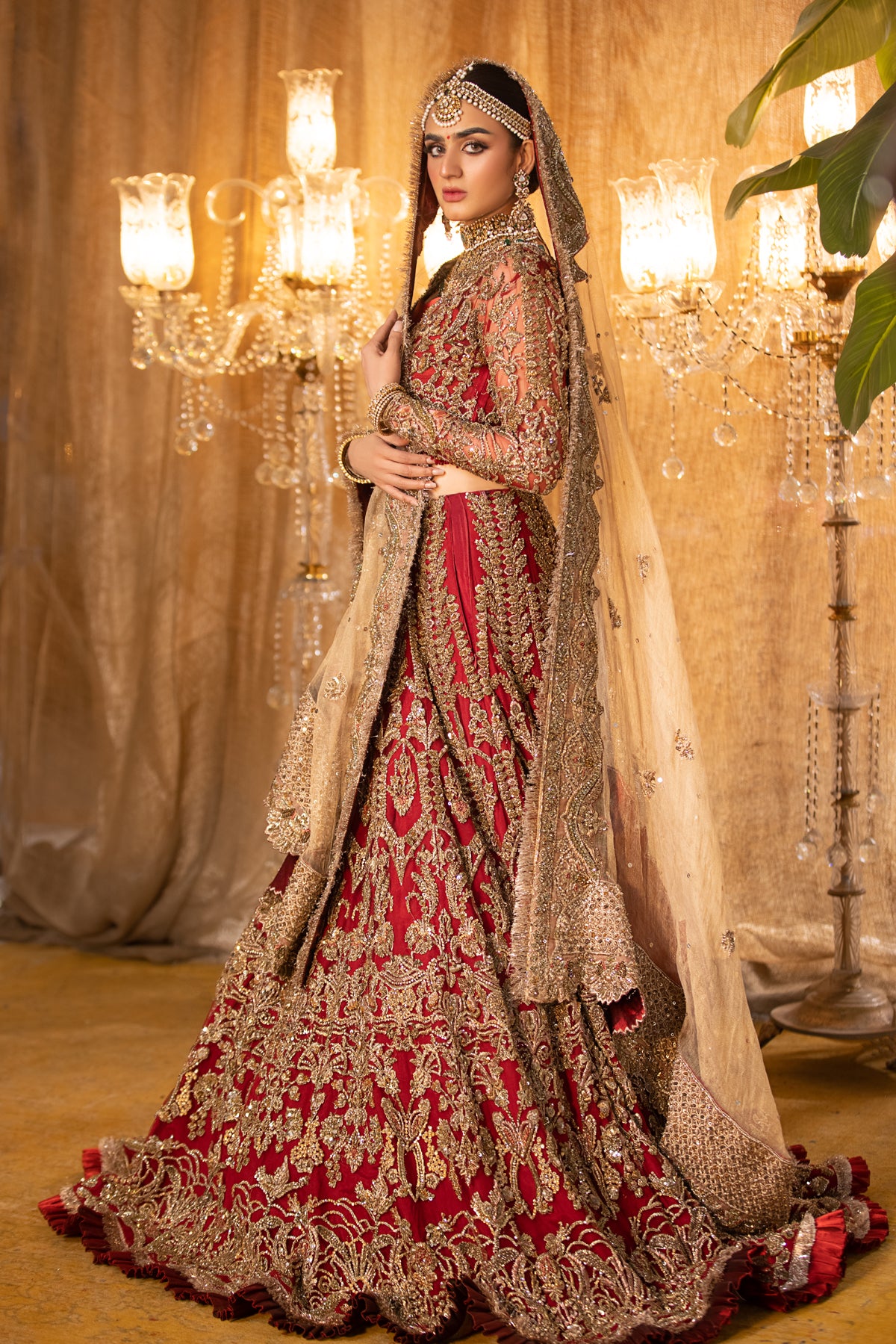 Deep Red Embroidered Net & Tissue Bridal Lehenga (3-Piece) - Image 6