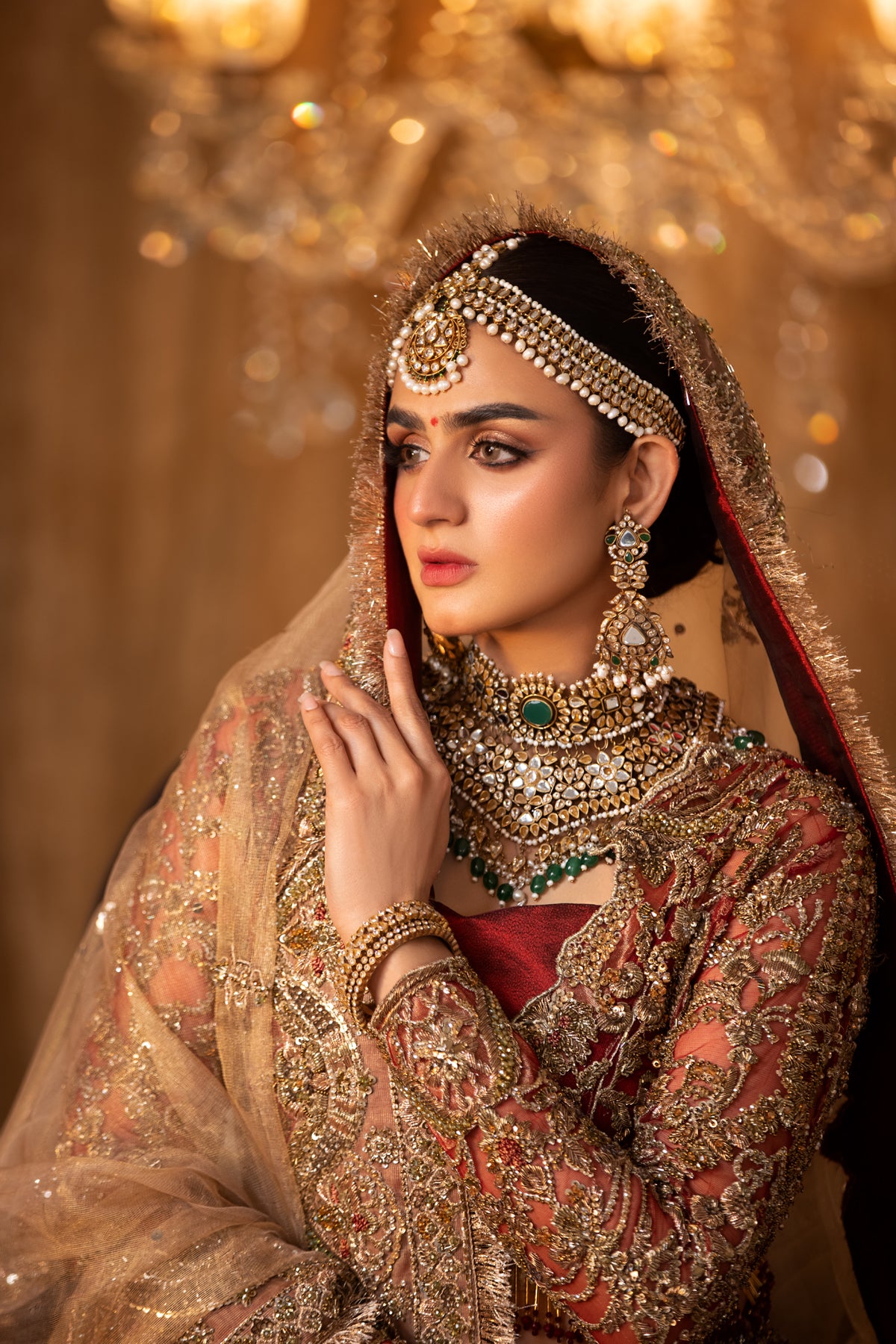 Deep Red Embroidered Net & Tissue Bridal Lehenga (3-Piece) - Image 9