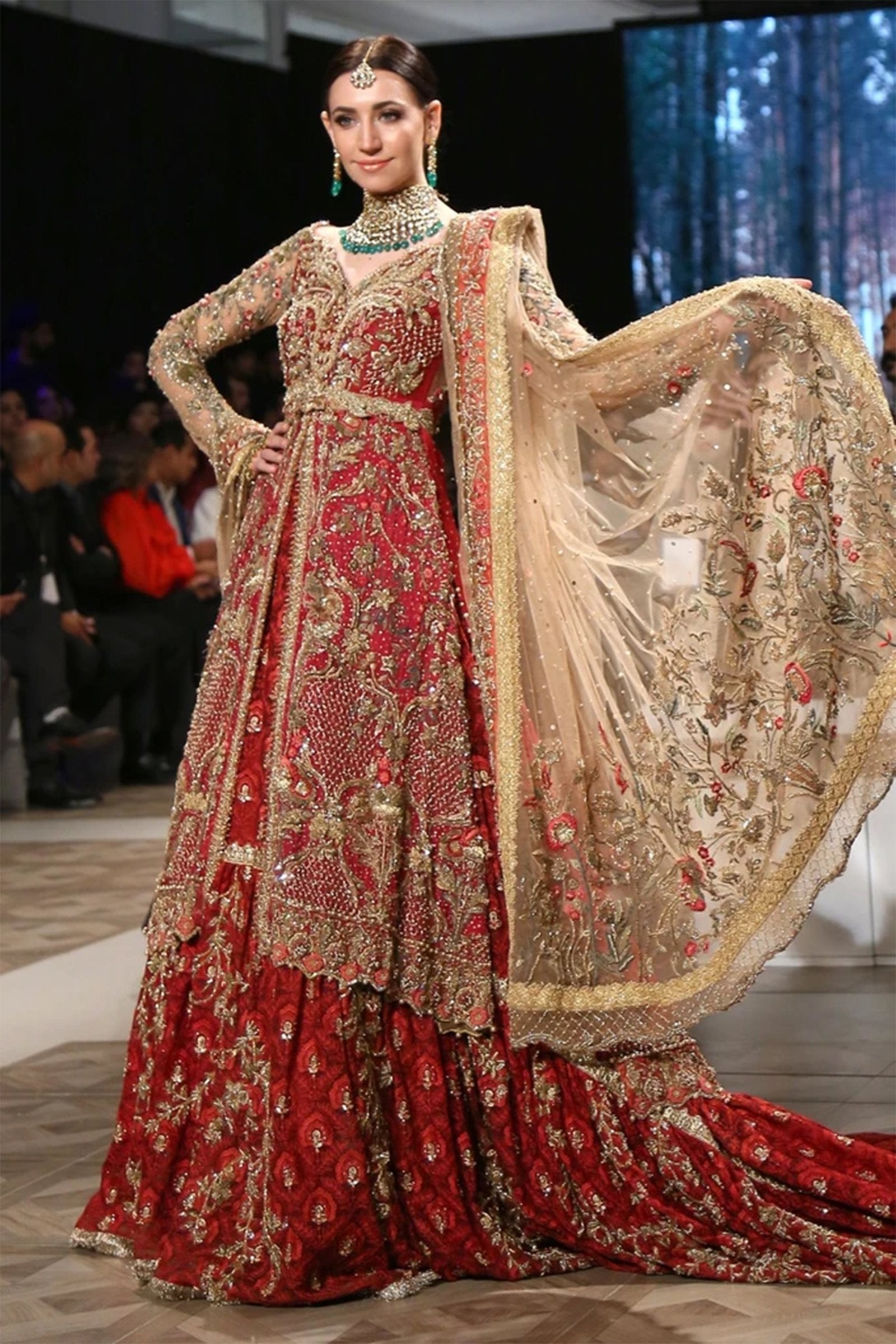 Scarlet Red Hand Embroidered Net & Tissue Bridal Lehenga (3-Piece) - Image 1