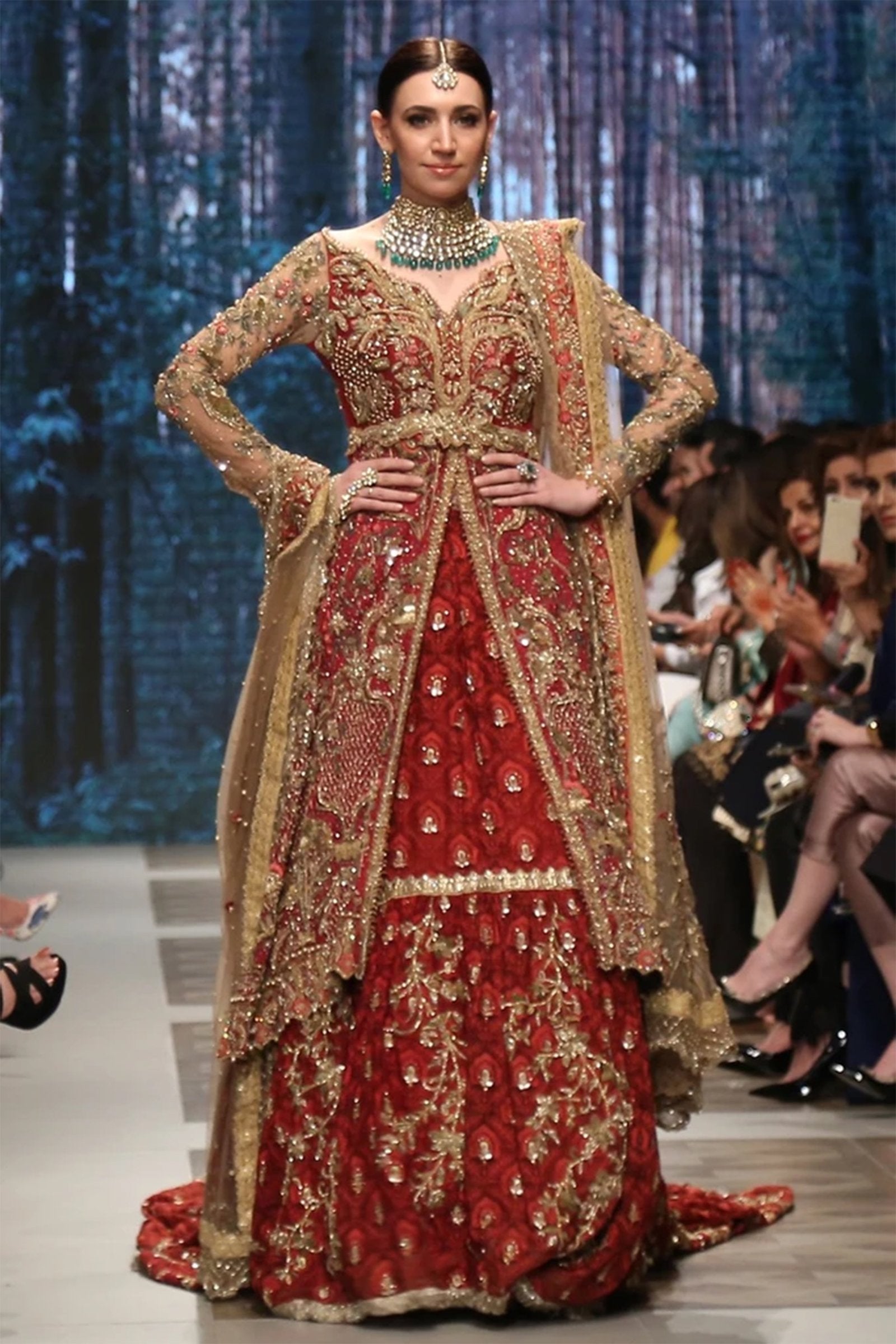 Scarlet Red Hand Embroidered Net & Tissue Bridal Lehenga (3-Piece) - Image 2