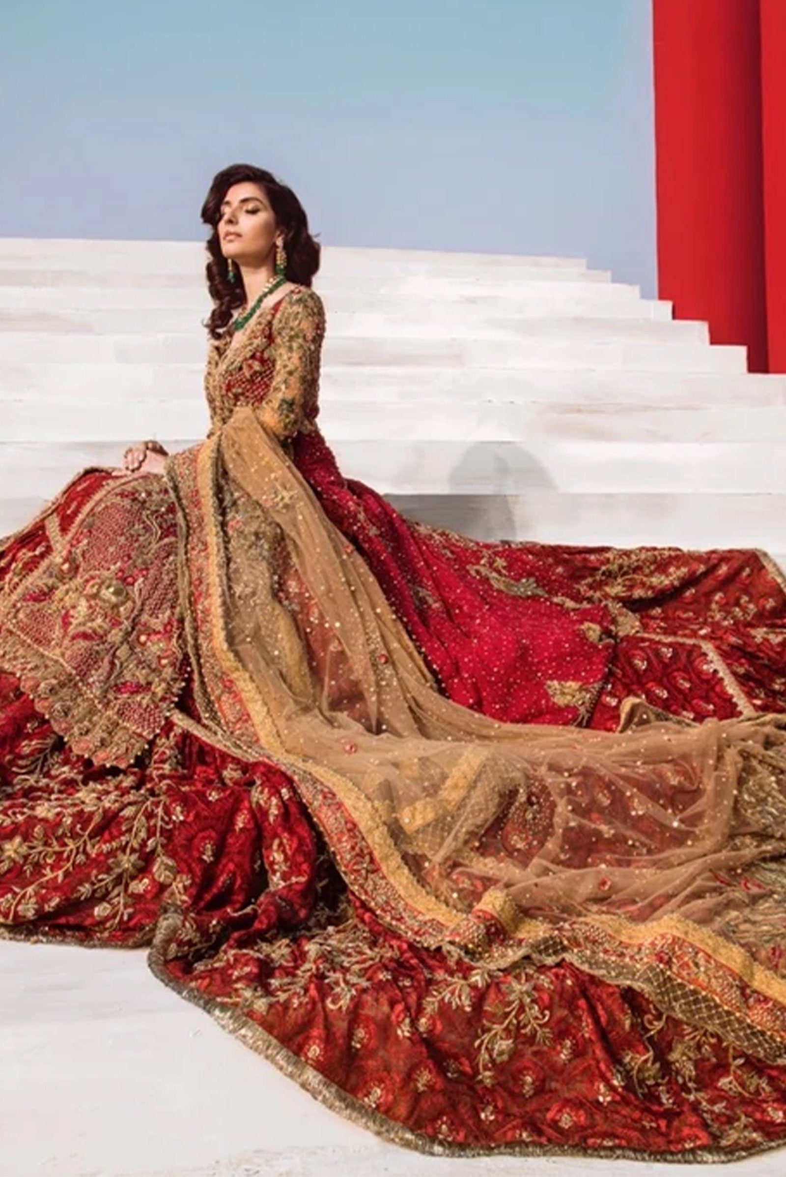 Scarlet Red Hand Embroidered Net & Tissue Bridal Lehenga (3-Piece) - Image 4