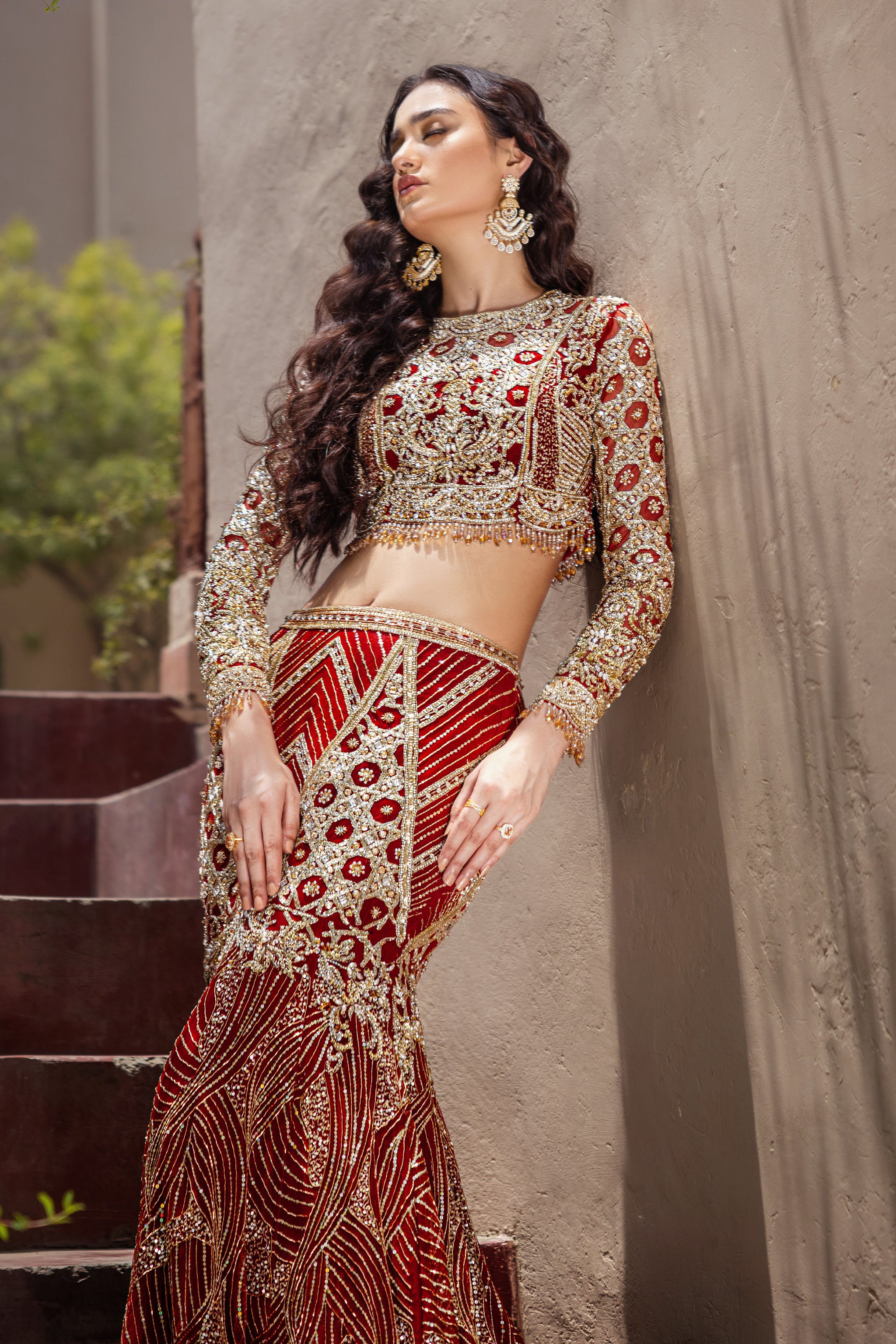 Pakistani Deep Red Embroidered Net Mermaid Bridal Lehenga (3-Piece) - Image 3