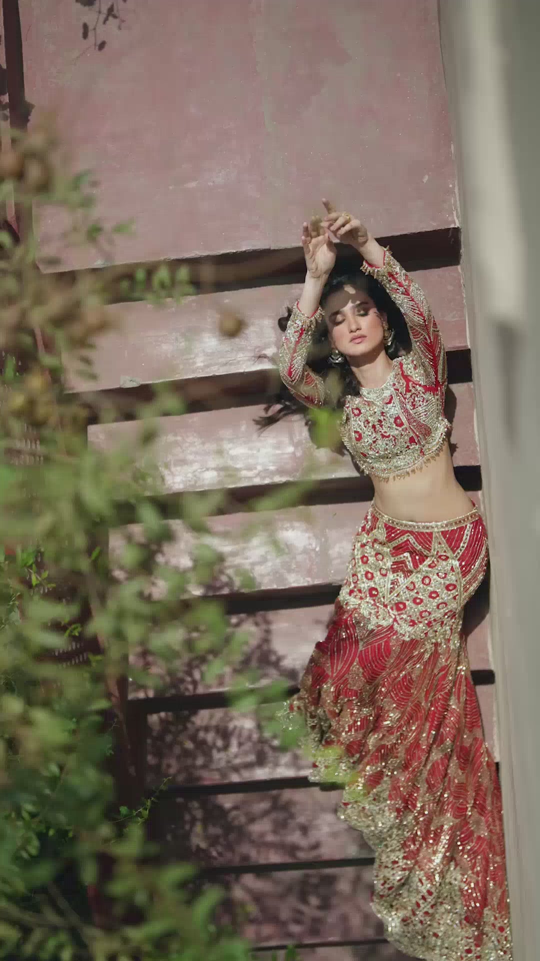 Pakistani Deep Red Embroidered Net Mermaid Bridal Lehenga (3-Piece) - Image 6