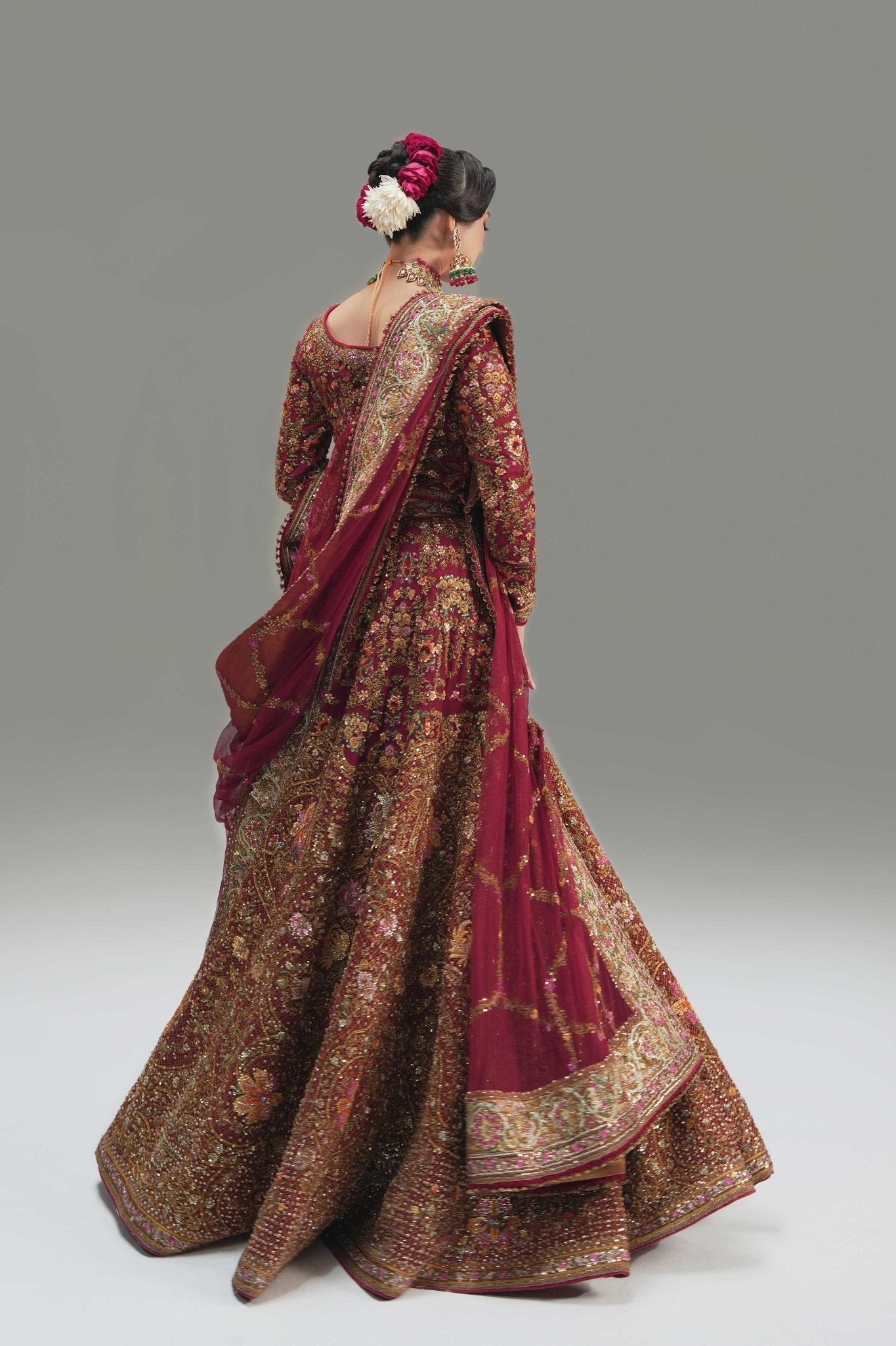 Pakistani Deep Red Embroidered Net Lehenga Choli (3-Piece) - Image 11