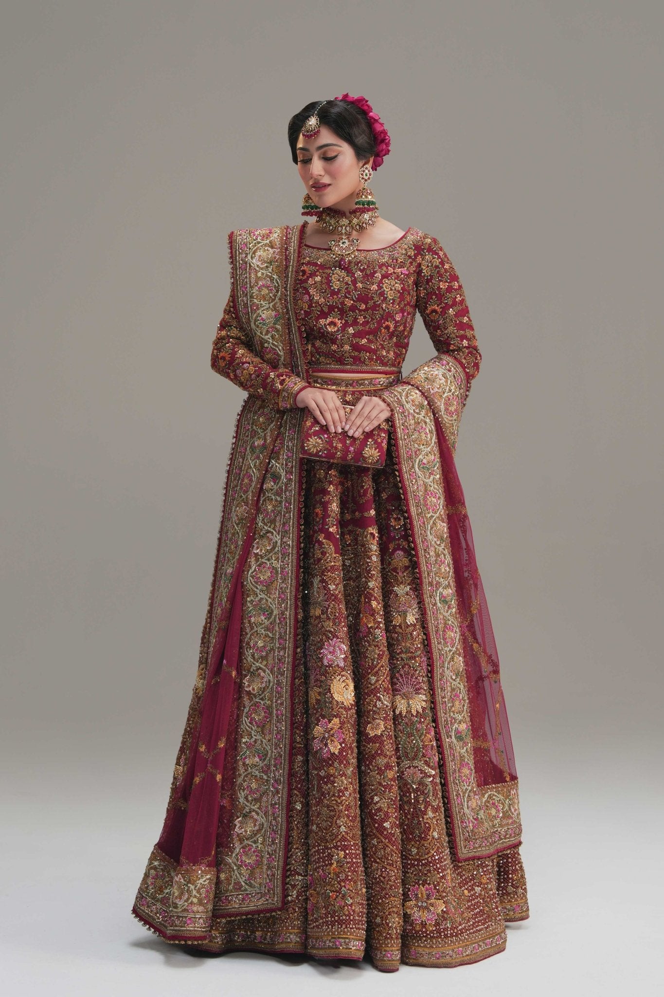 Pakistani Deep Red Embroidered Net Lehenga Choli (3-Piece) - Image 2