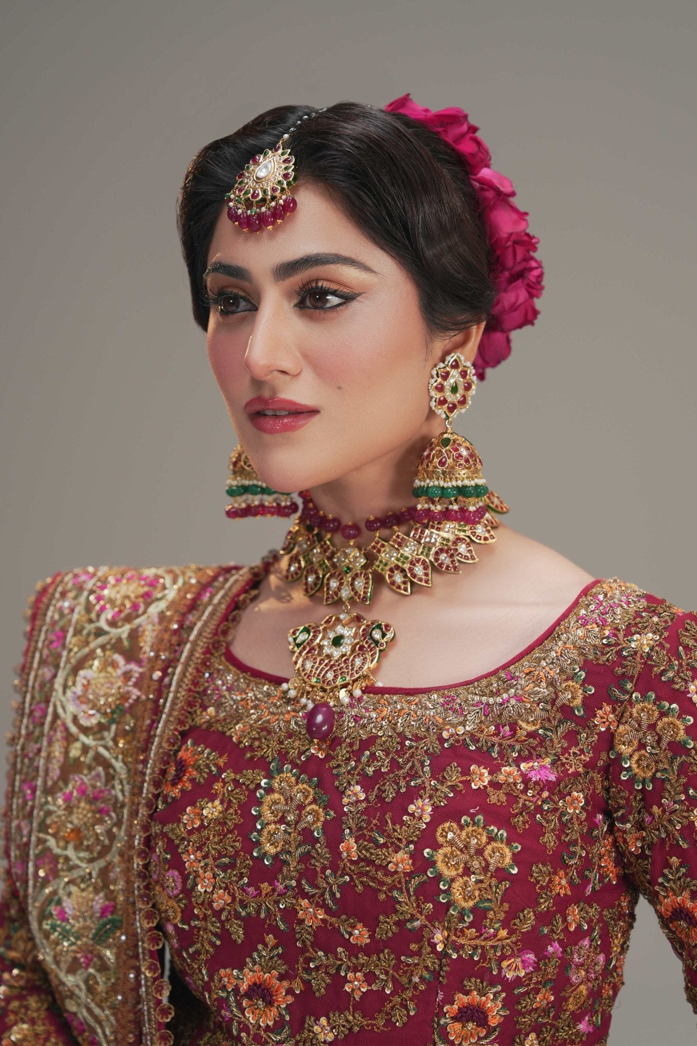 Pakistani Deep Red Embroidered Net Lehenga Choli (3-Piece) - Image 3