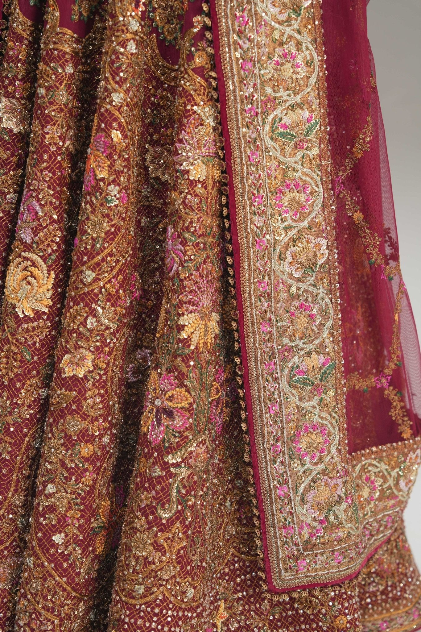 Pakistani Deep Red Embroidered Net Lehenga Choli (3-Piece) - Image 4