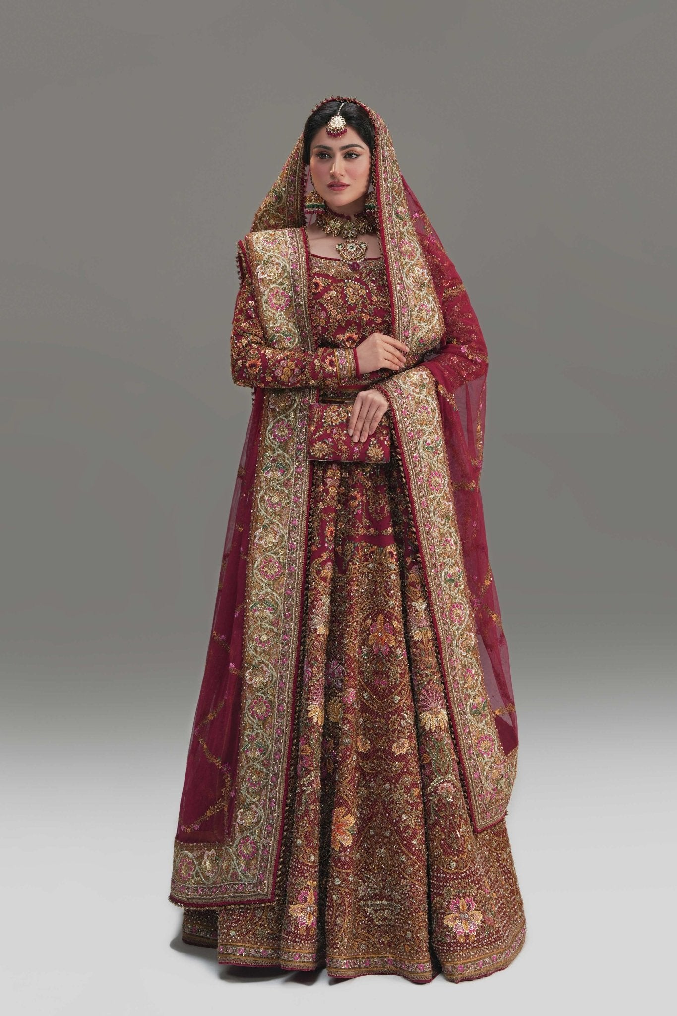 Pakistani Deep Red Embroidered Net Lehenga Choli (3-Piece) - Image 5