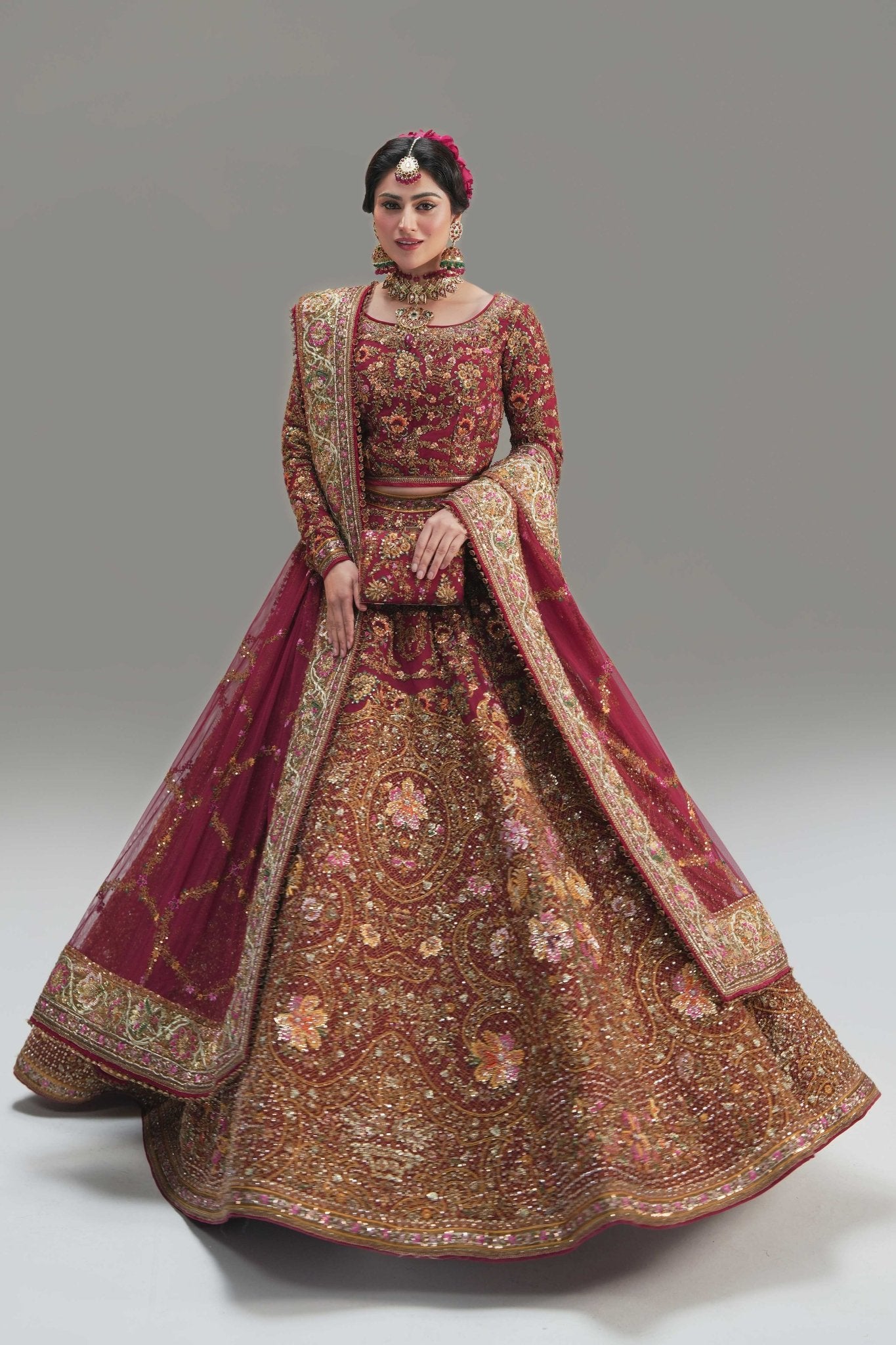 Pakistani Deep Red Embroidered Net Lehenga Choli (3-Piece) - Image 9