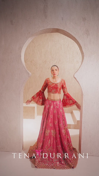 Red and Pink Embellished Net Silk-Blend Bridal Lehenga (3-Piece) - Image 7