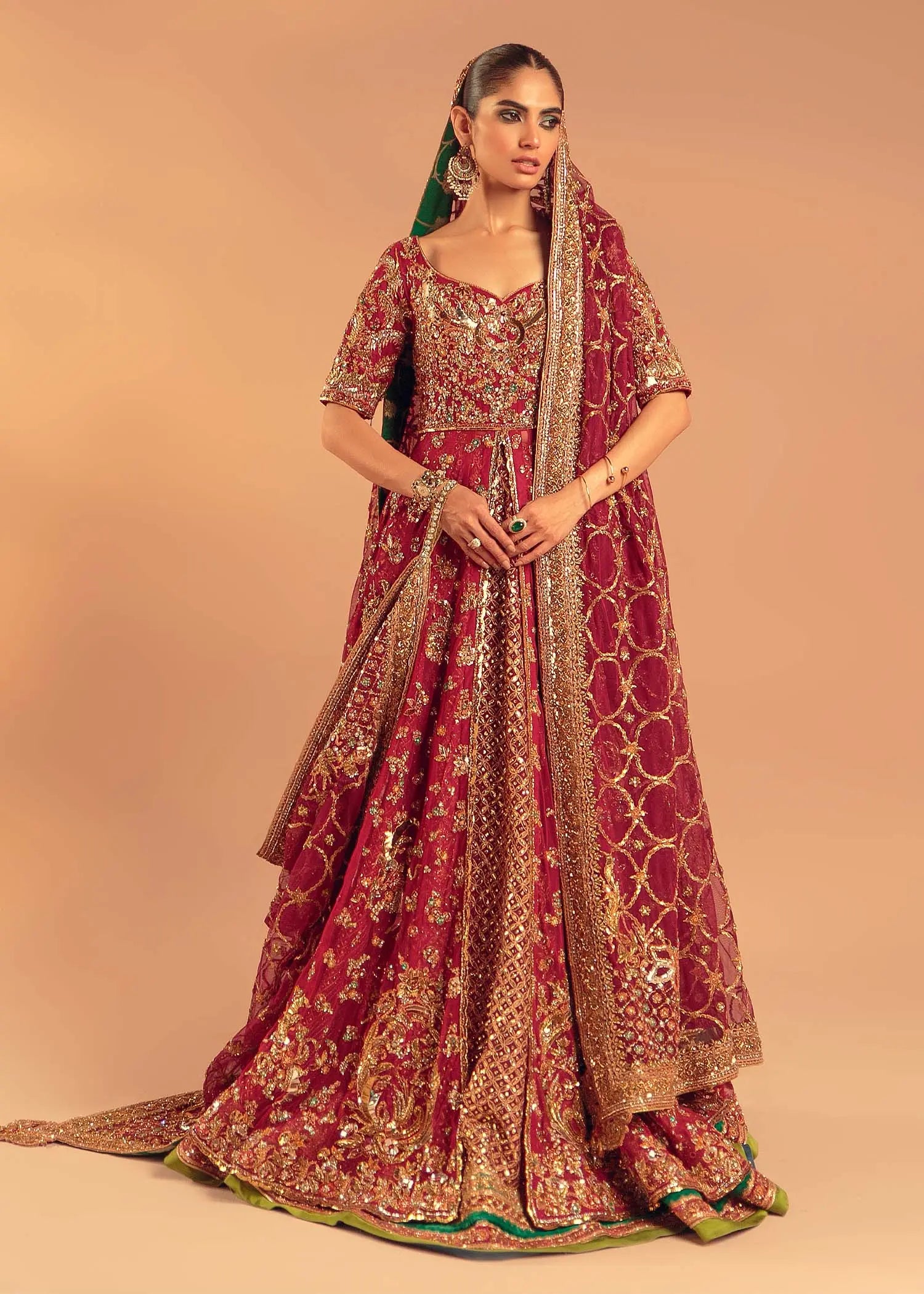Deep Berry Red Zardozi Net Bridal Lehenga (3-Piece) - Image 1