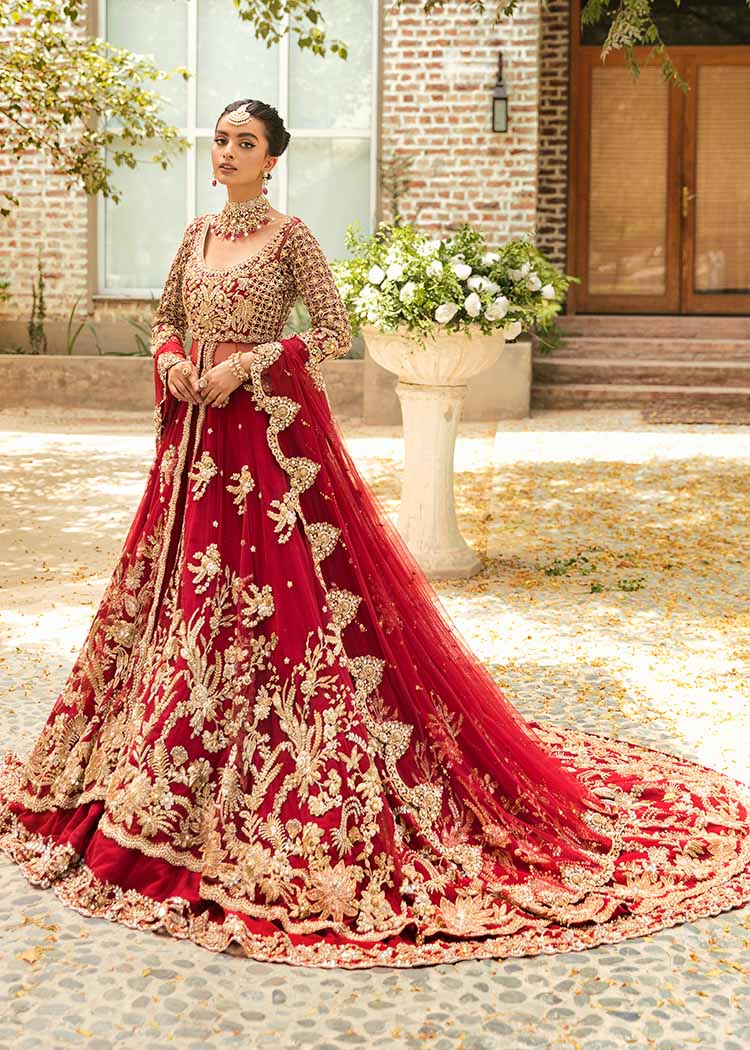 Pakistani Red Embroidered Net Bridal Peshwas Dress (3-Piece) - Image 2