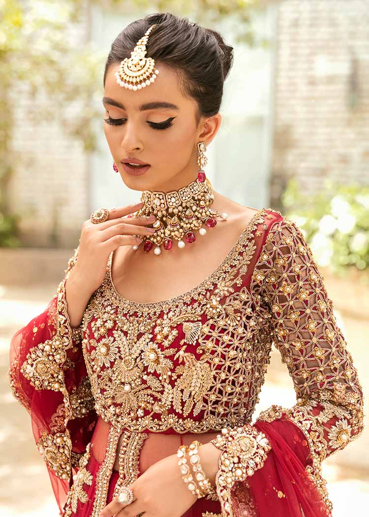 Pakistani Red Embroidered Net Bridal Peshwas Dress (3-Piece) - Image 3
