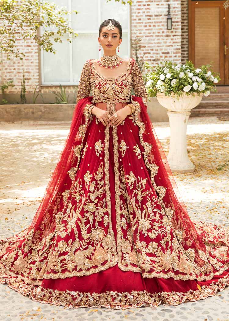 Pakistani Red Embroidered Net Bridal Peshwas Dress (3-Piece) - Image 4