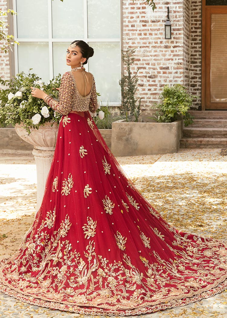 Pakistani Red Embroidered Net Bridal Peshwas Dress (3-Piece) - Image 6