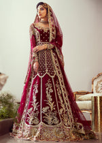 Pakistani Cranberry Red Gold Embroidered Net Pishwas Lehenga (3-Piece) - Image 2