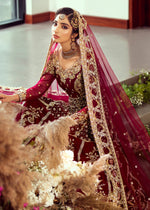 Pakistani Cranberry Red Gold Embroidered Net Pishwas Lehenga (3-Piece) - Image 3