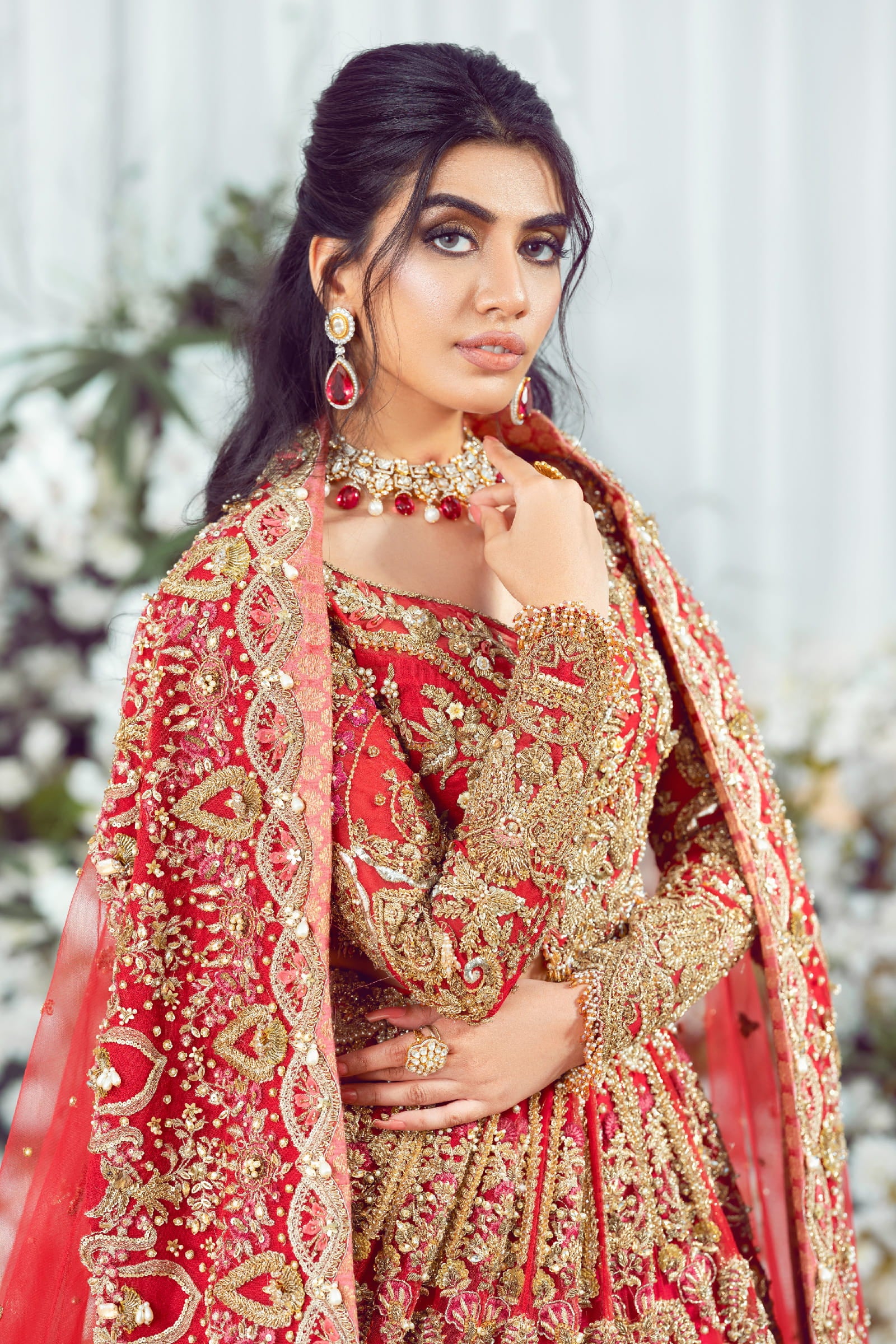 Pakistani Ruby Red Embellished Net Lehenga Choli (3-Piece) - Image 3