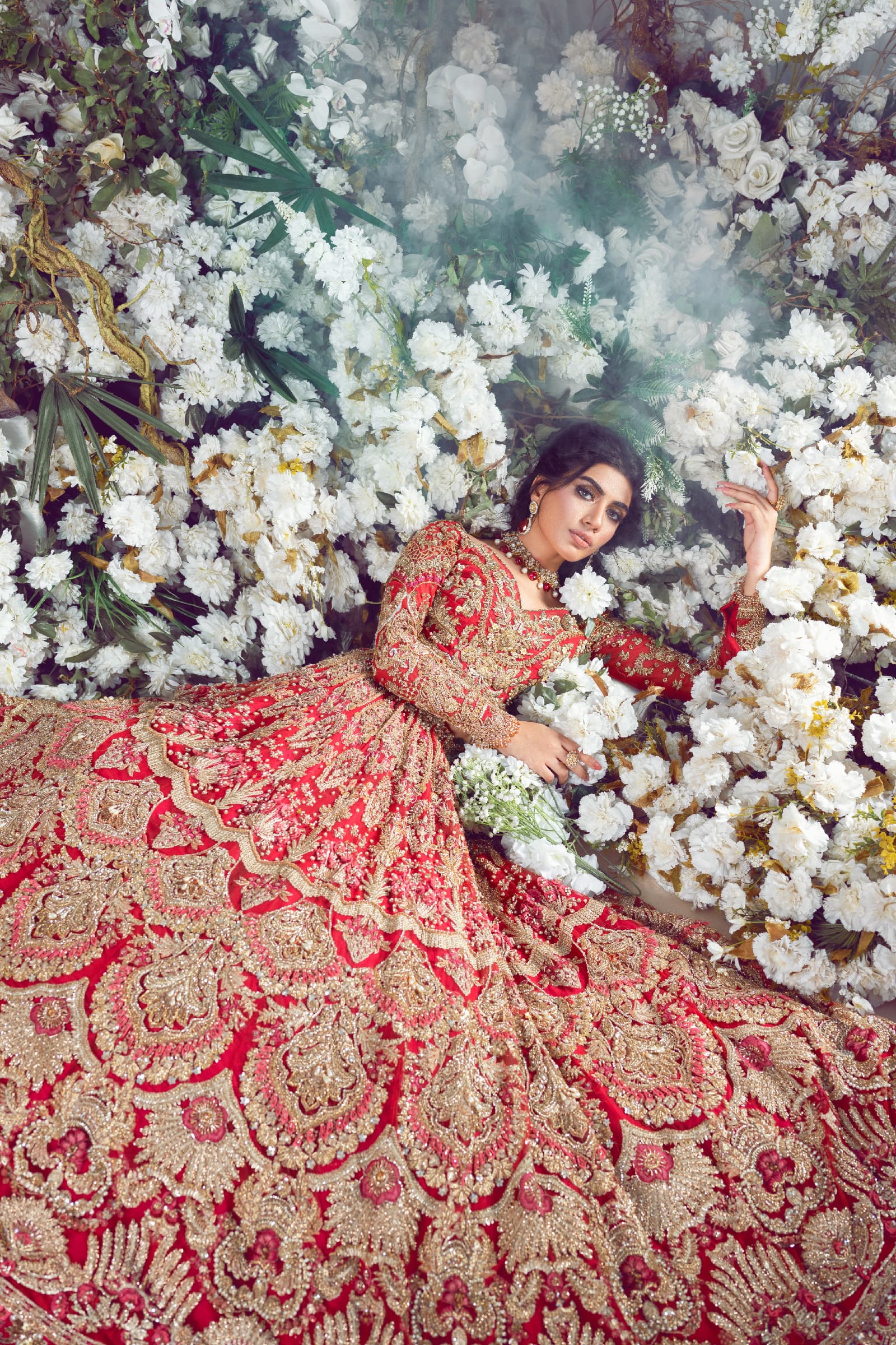 Pakistani Ruby Red Embellished Net Lehenga Choli (3-Piece) - Image 4