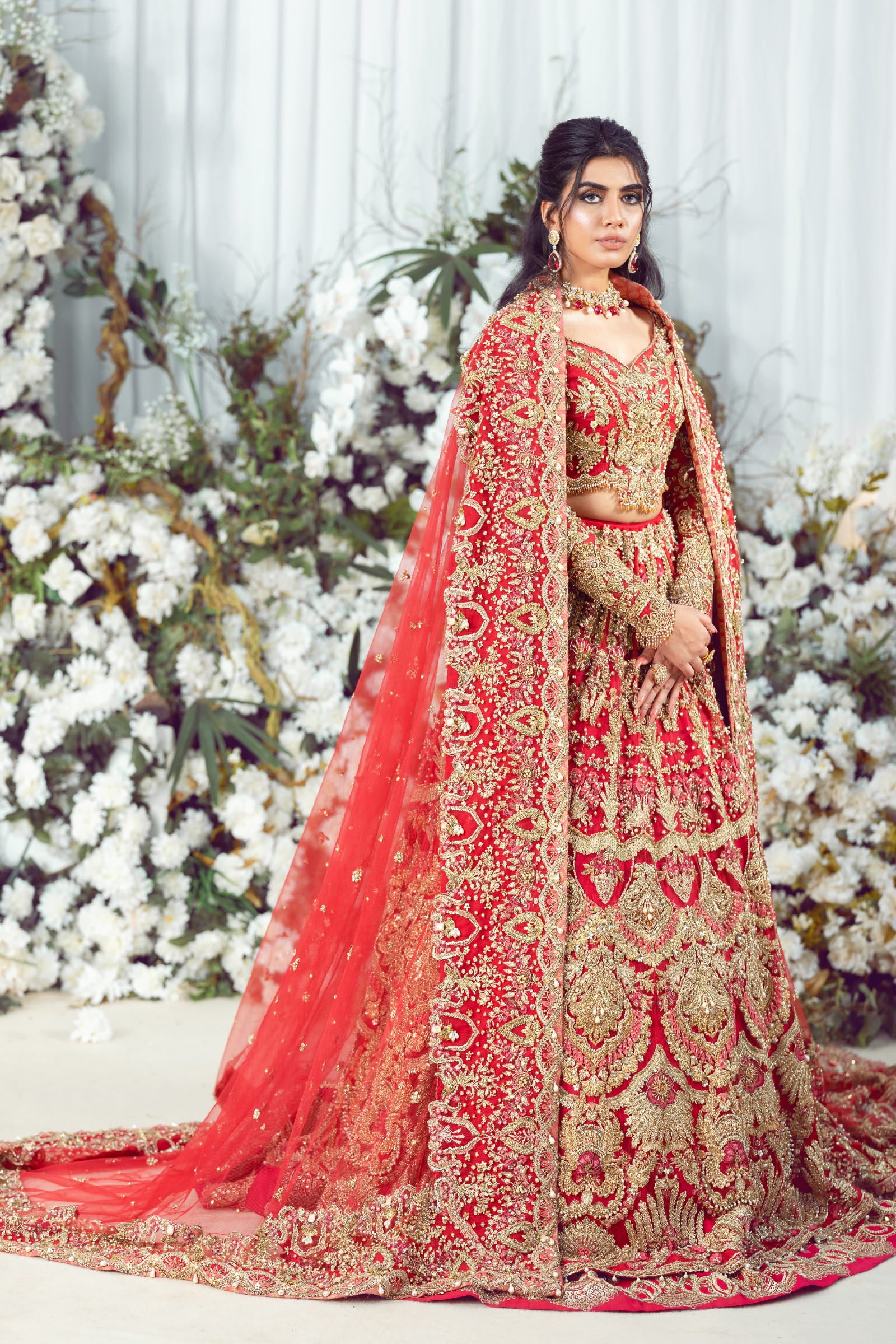 Pakistani Ruby Red Embellished Net Lehenga Choli (3-Piece) - Image 5